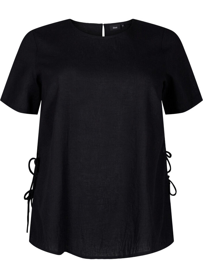 Blouse met korte mouwen van katoenmix met linnen en kanten details, Black, Packshot image number 0