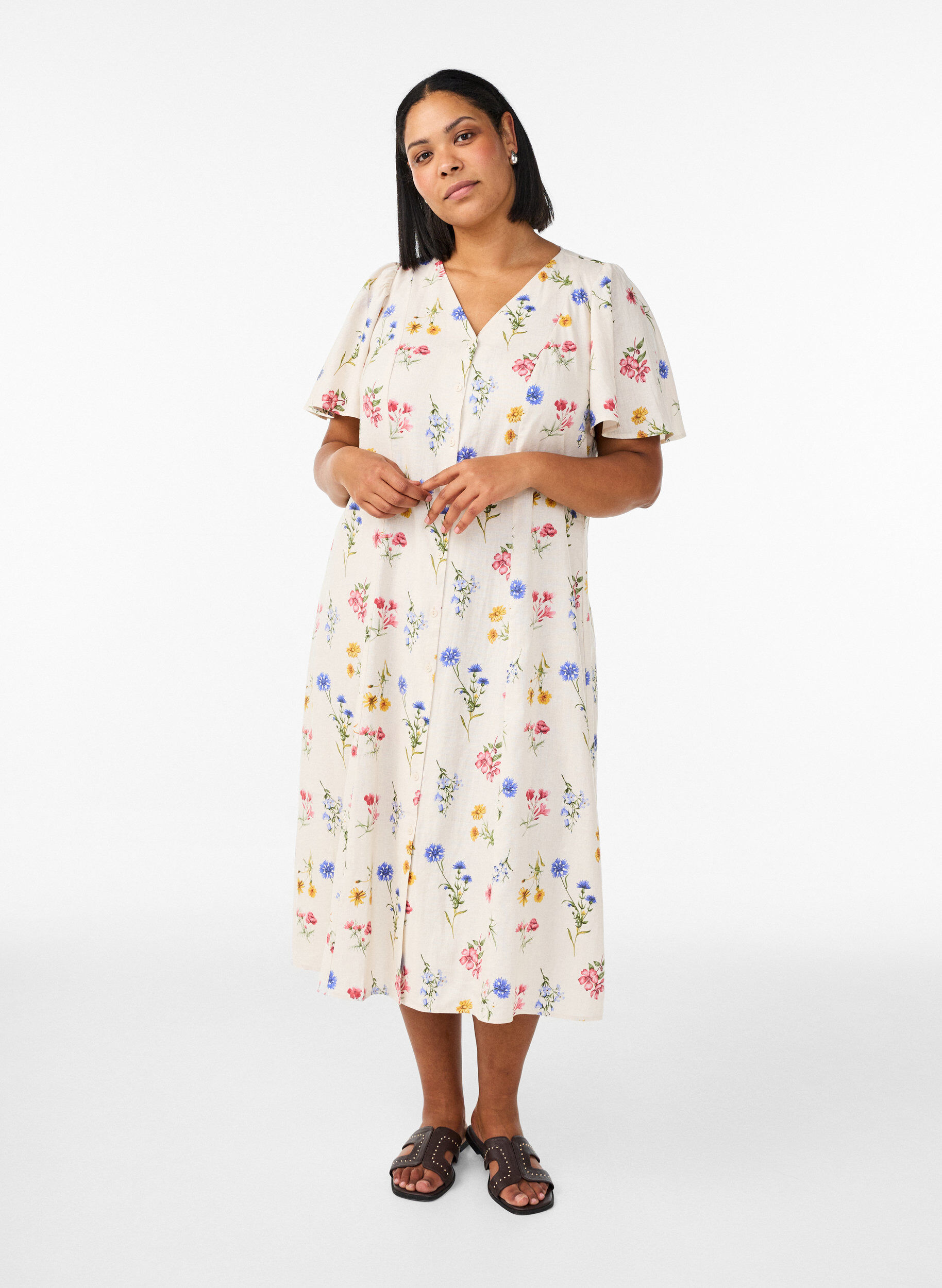 Midi jurk in linnen en viscose met ruchesmouwen, Beige, Model
