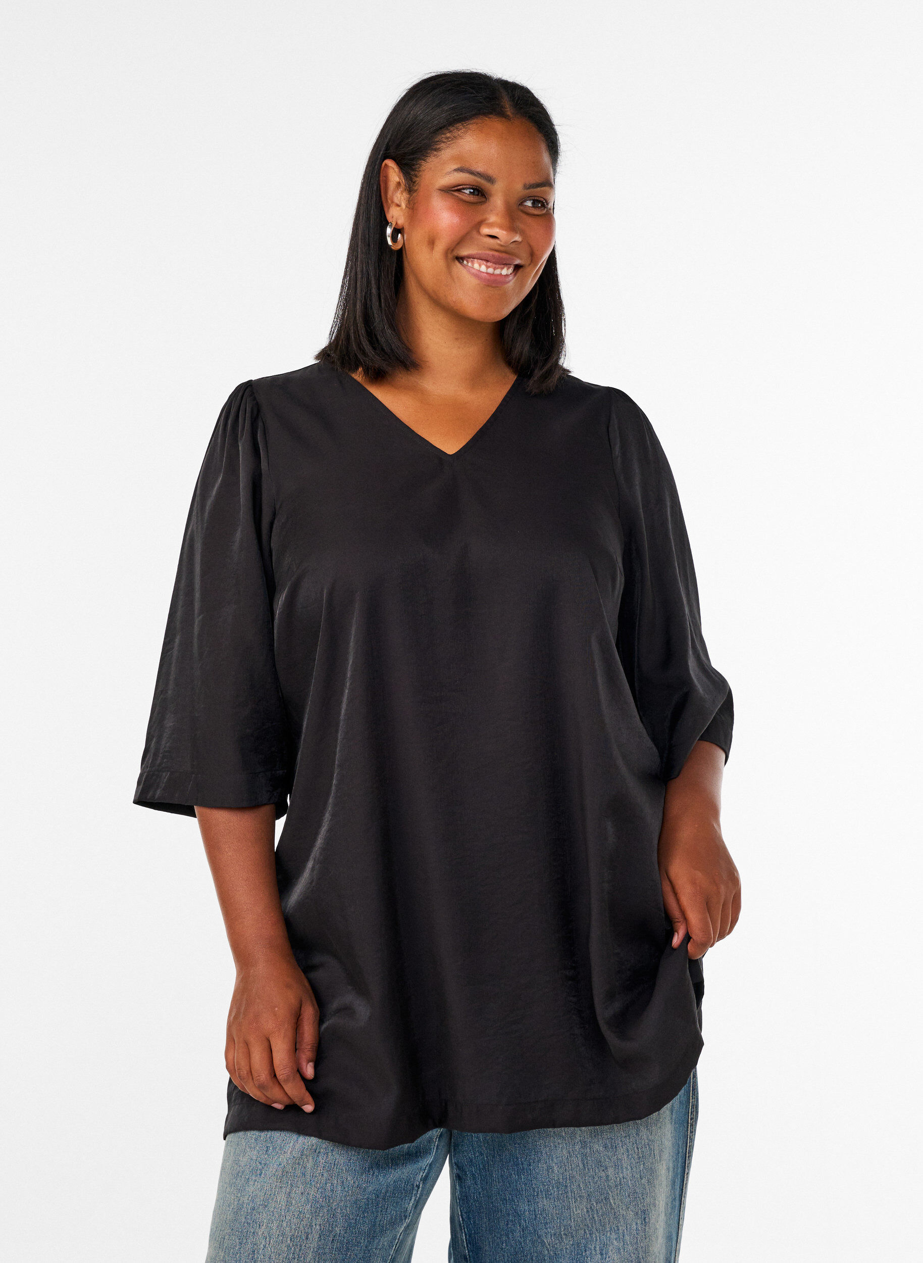ZizziGlanzende tuniek met V-hals en 3/4 mouwen, Zwart, Model image number 0
