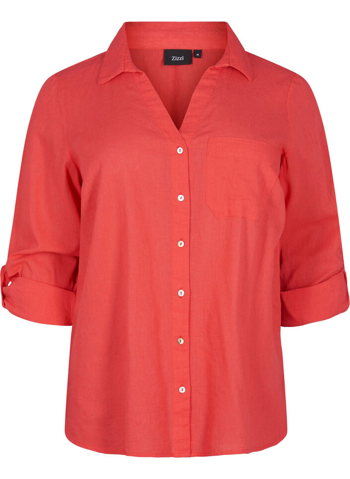 Shirtblouse met knoopsluiting van katoen-linnenmix, Hibiscus, Packshot image number 0