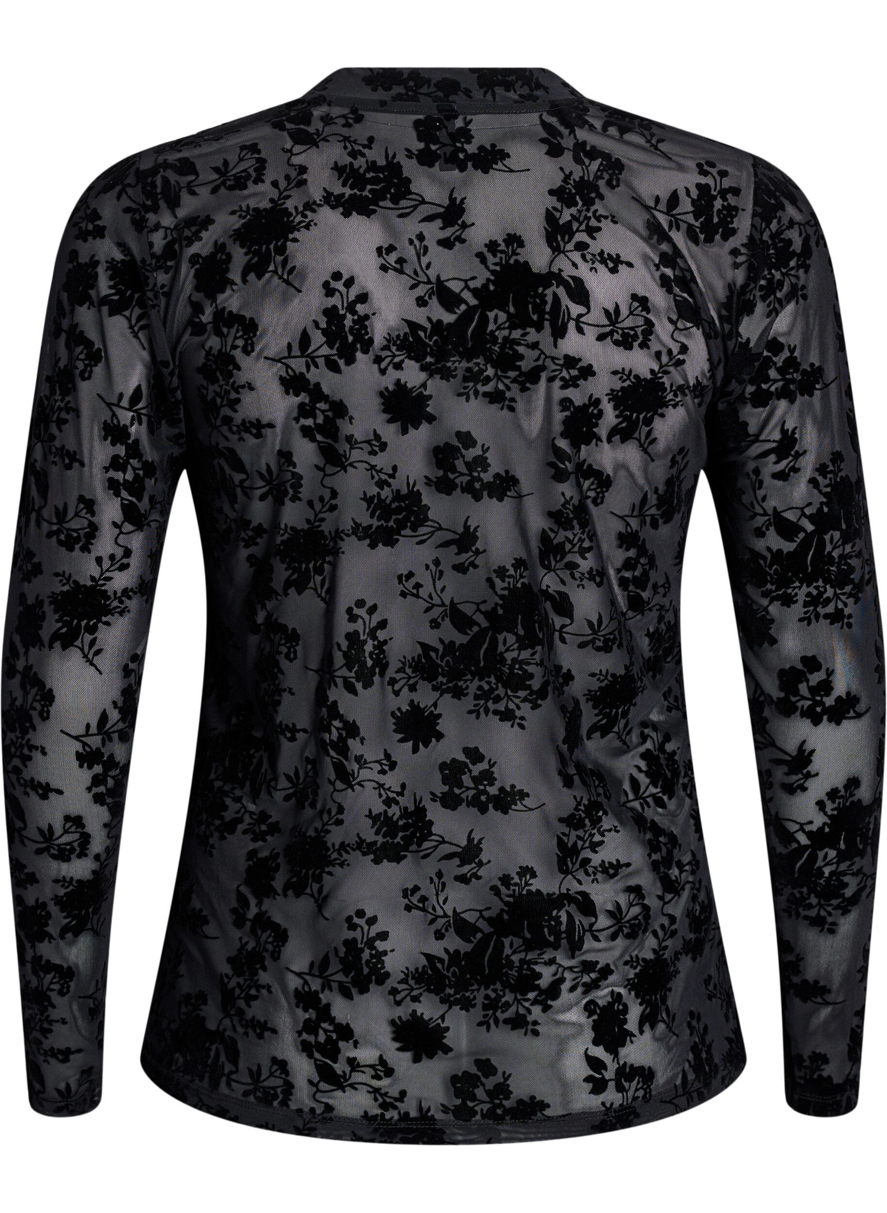 Zizzi Mesh blouse met bloemenpatroon, Zwart, Packshot image number 1