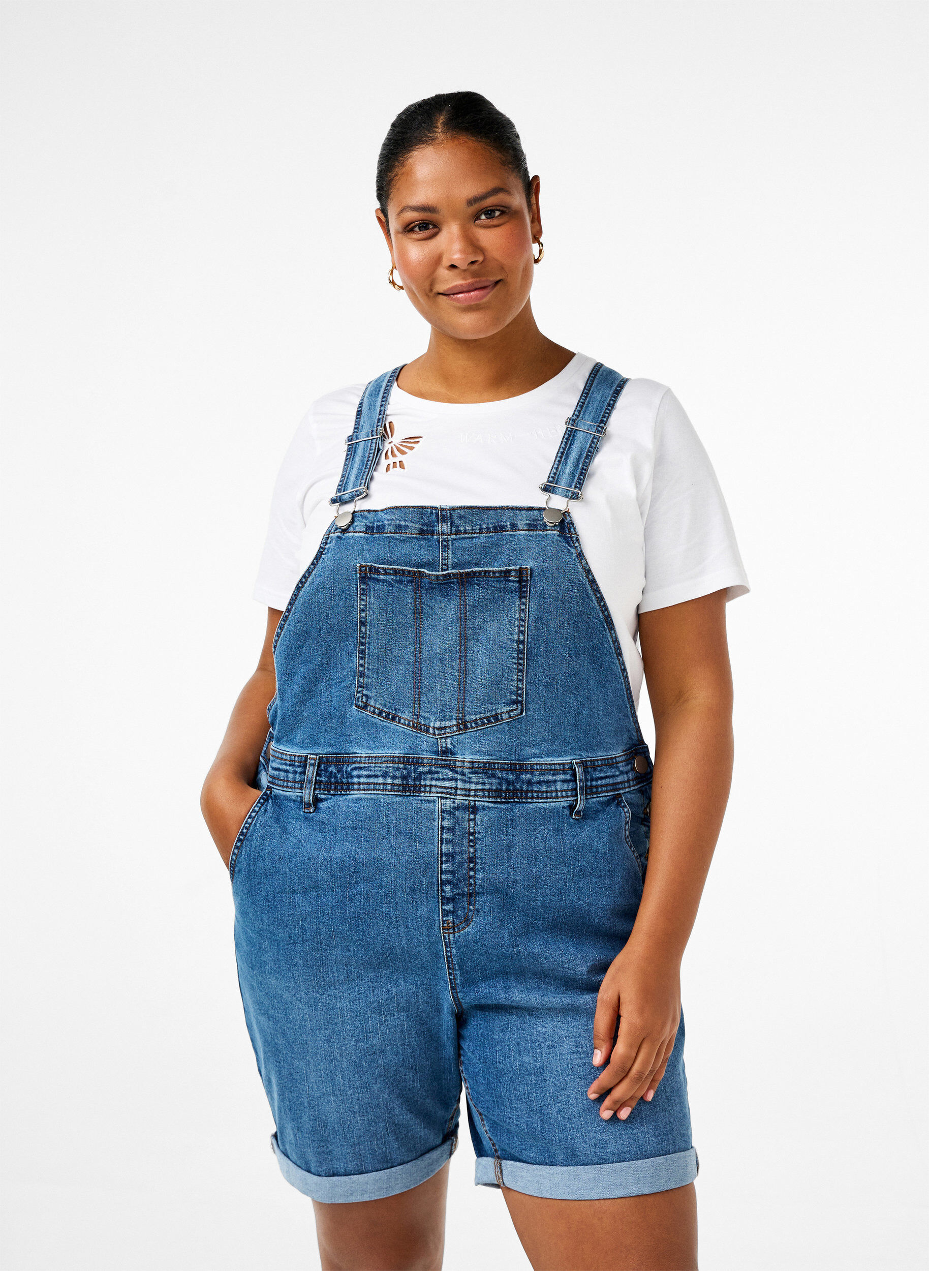Zizzi Denim overalls korte broek, Blauw, Model image number 0