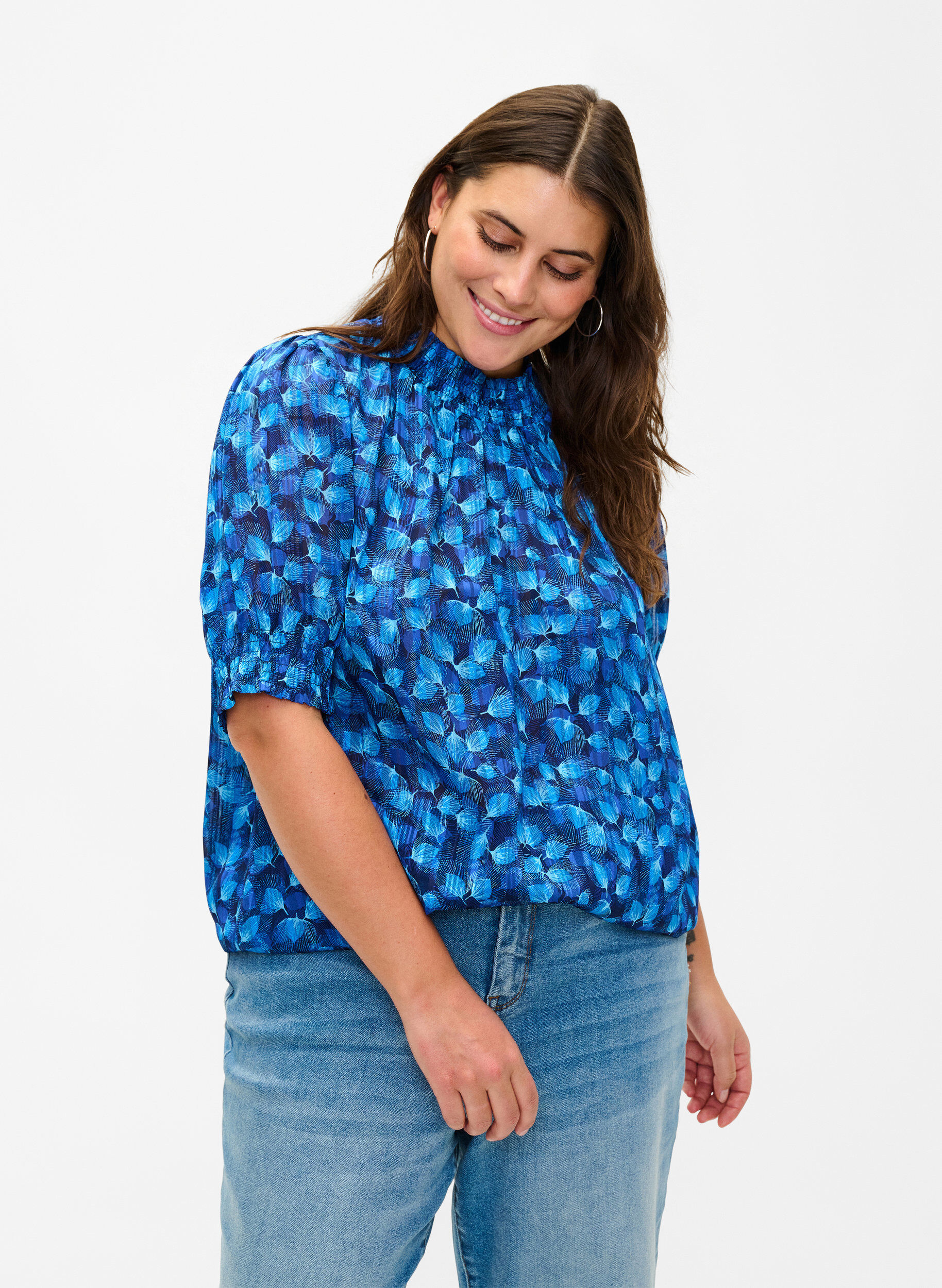 Zizzi  Smock-blouse met korte mouwen en print, Navy Blazer Leaf AOP, Model image number 0