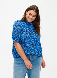  Smock-blouse met korte mouwen en print, Navy Blazer Leaf AOP, Model