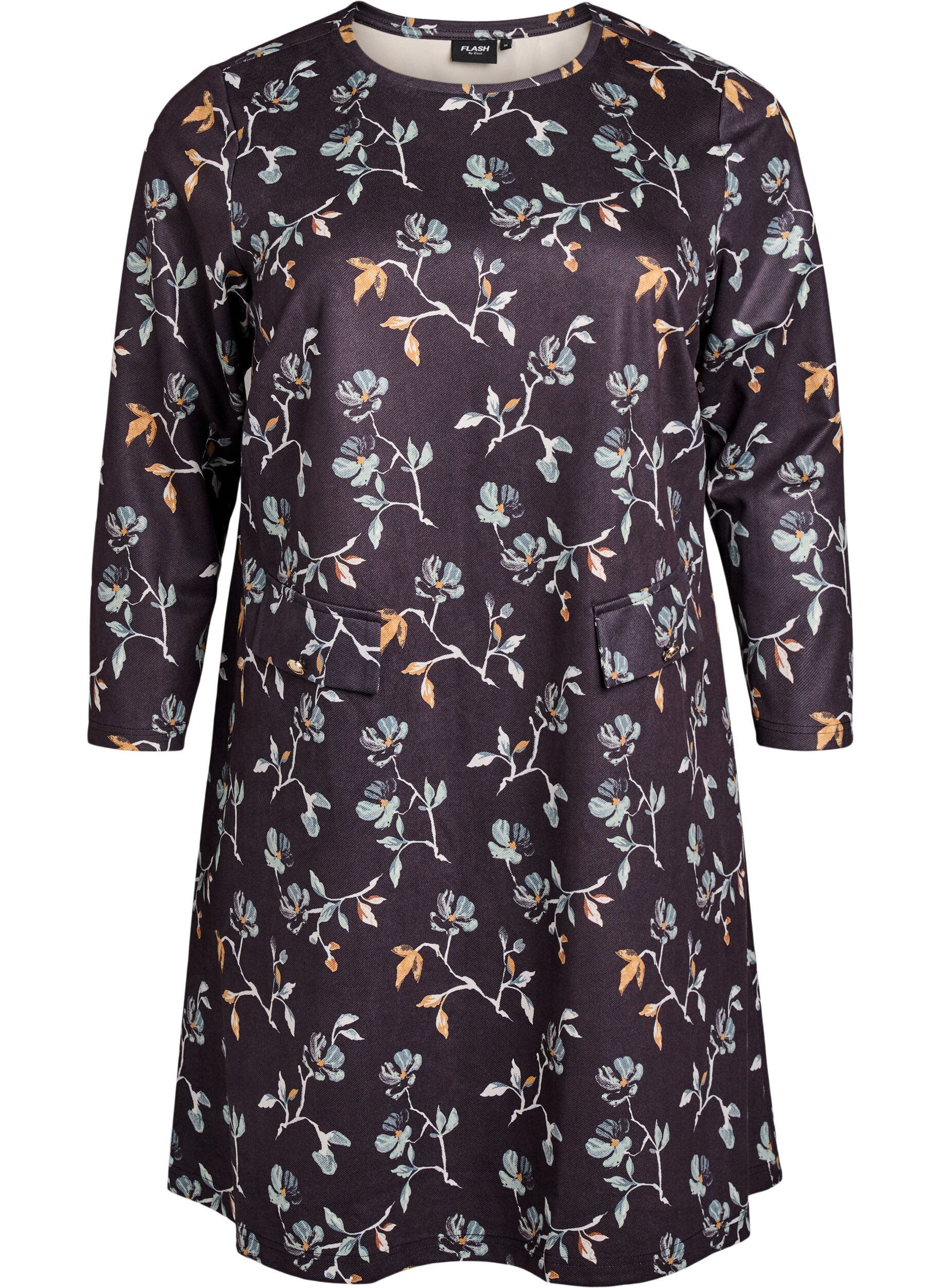 Zizzi Korte A-lijn jurk met 7/8 mouwen, Zwart, Packshot image number 0