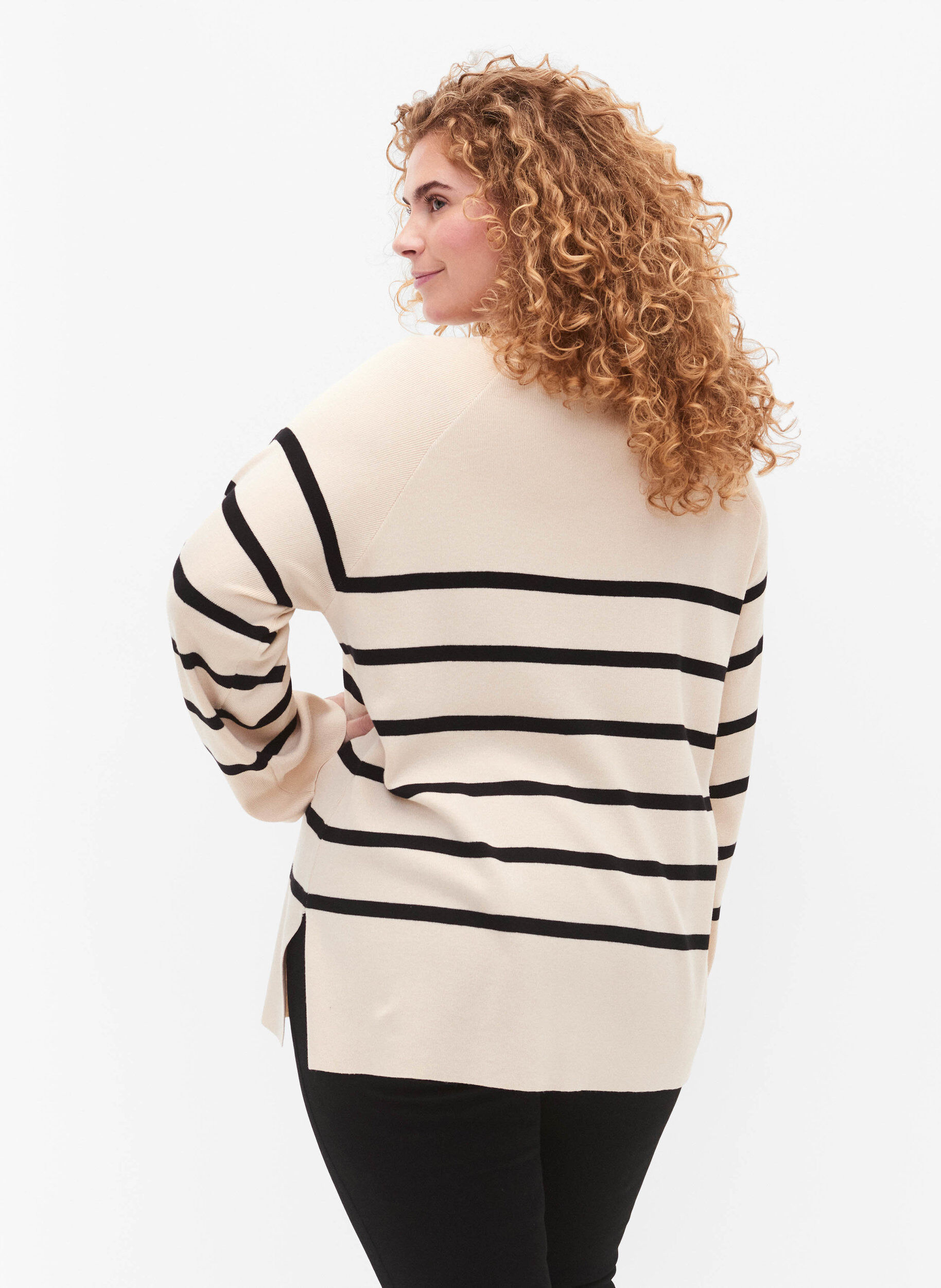 Zizzi Gestreepte Viscose Sweater, Sandshell/Black S., Model image number 1