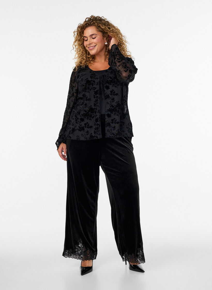 Mesh blouse met bloemenpatroon en open voorkant, Zwart, Model image number 1