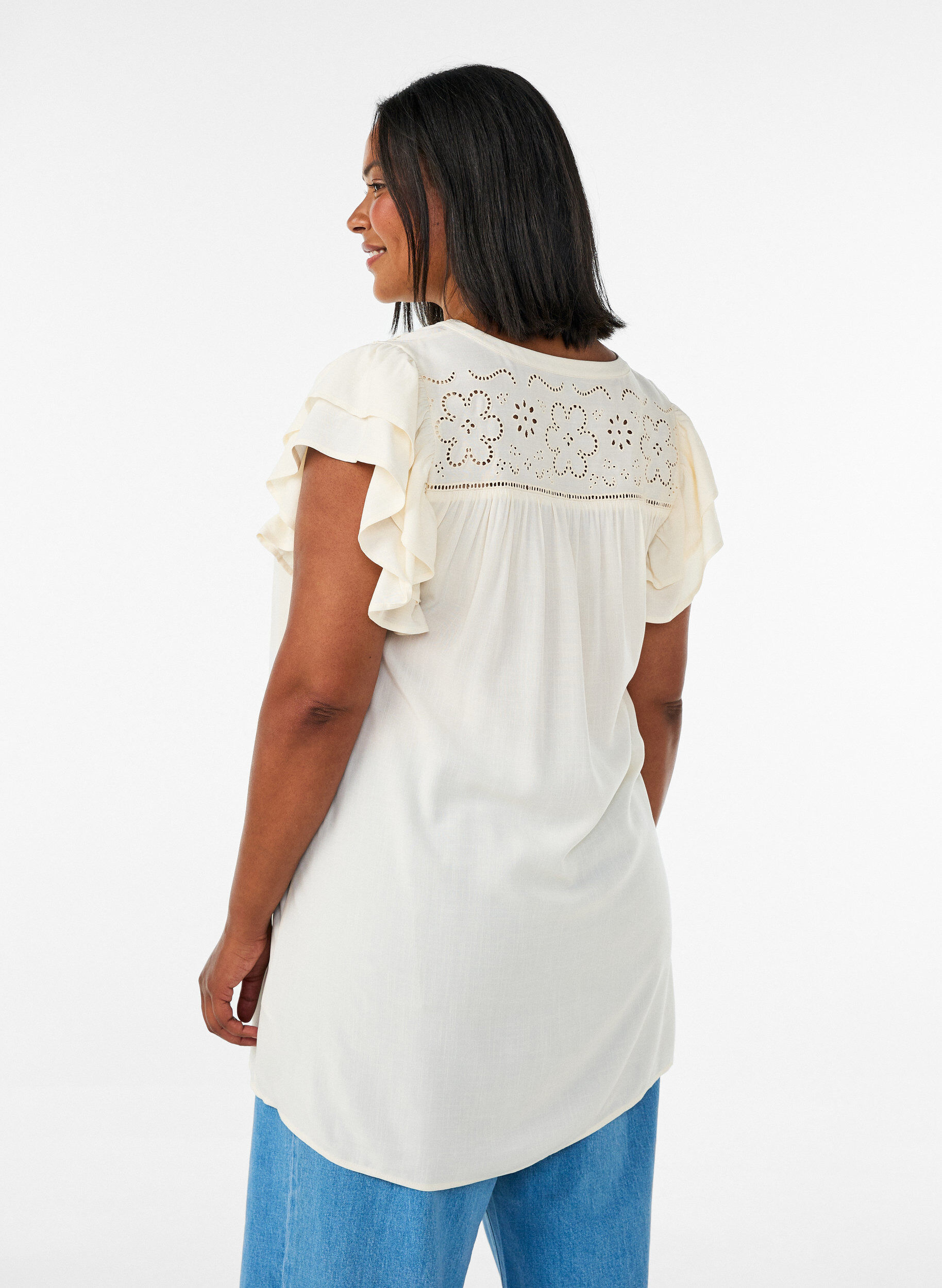 ZizziTunic met broderie anglaise en mouwen met ruches, Beige, Model image number 2