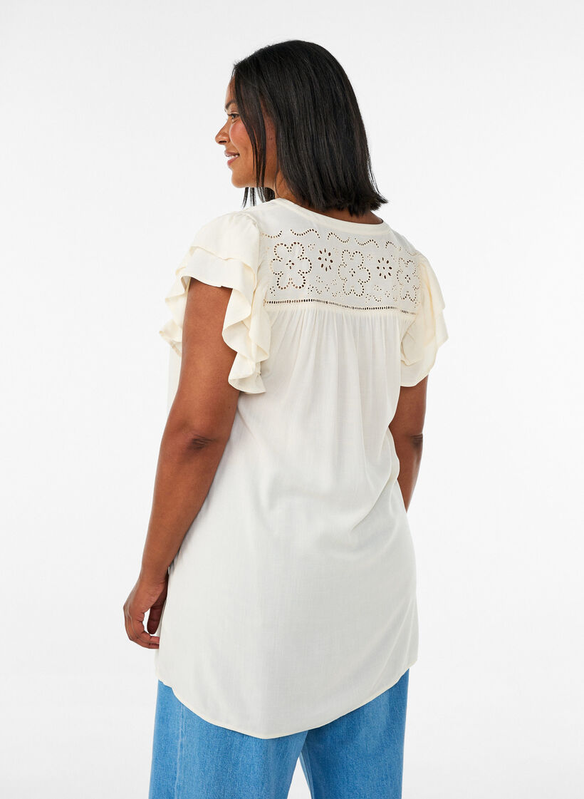 Tunic met broderie anglaise en mouwen met ruches, Beige, Model image number 2