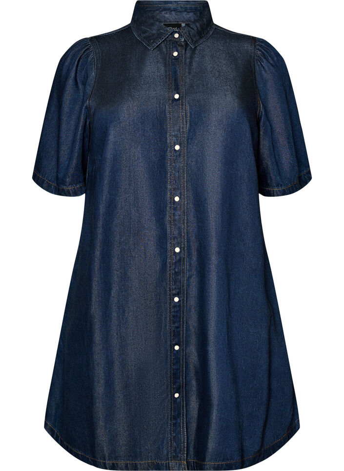 Denim jurk van lyocell met knopen en korte mouwen, Blauw, Packshot image number 0