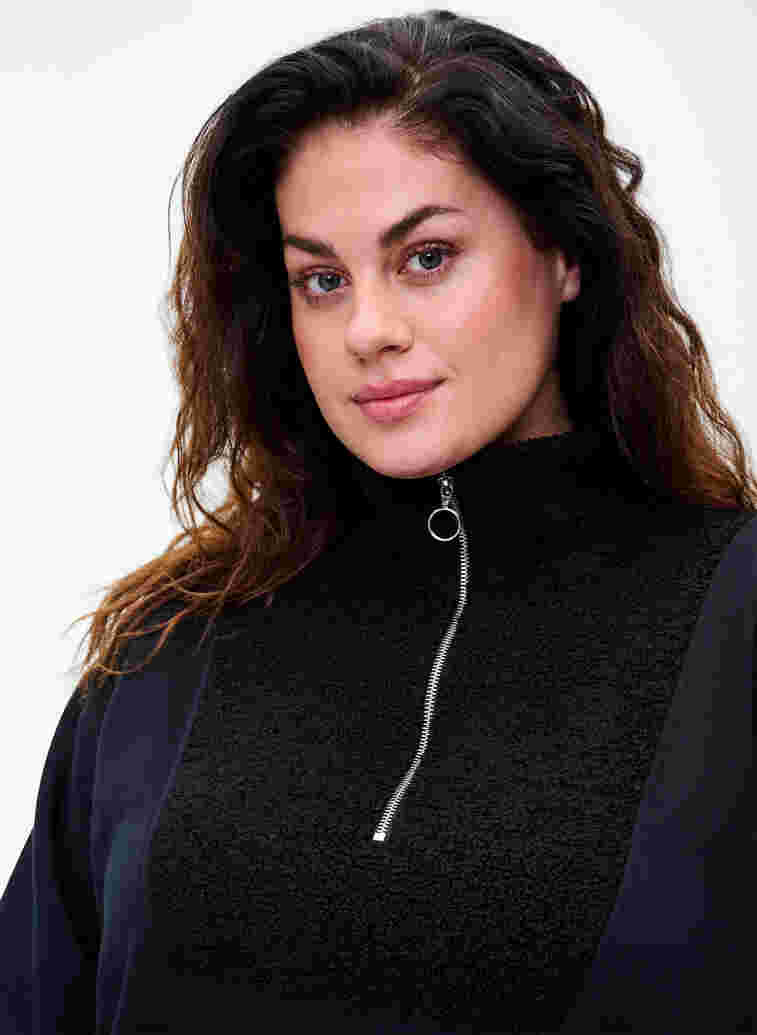 Sweater met hoge hals, teddy stof en ritssluiting, Black, Model image number 1