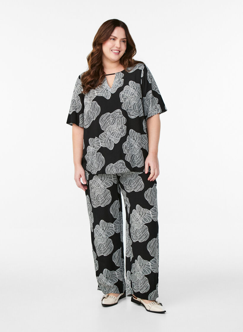 Losse viscose broek met print, Zwart, Model image number 0