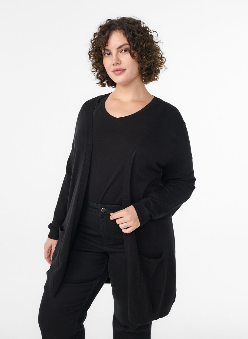 Lang gebreid vest in viscosemix, Zwart, Model image number 0