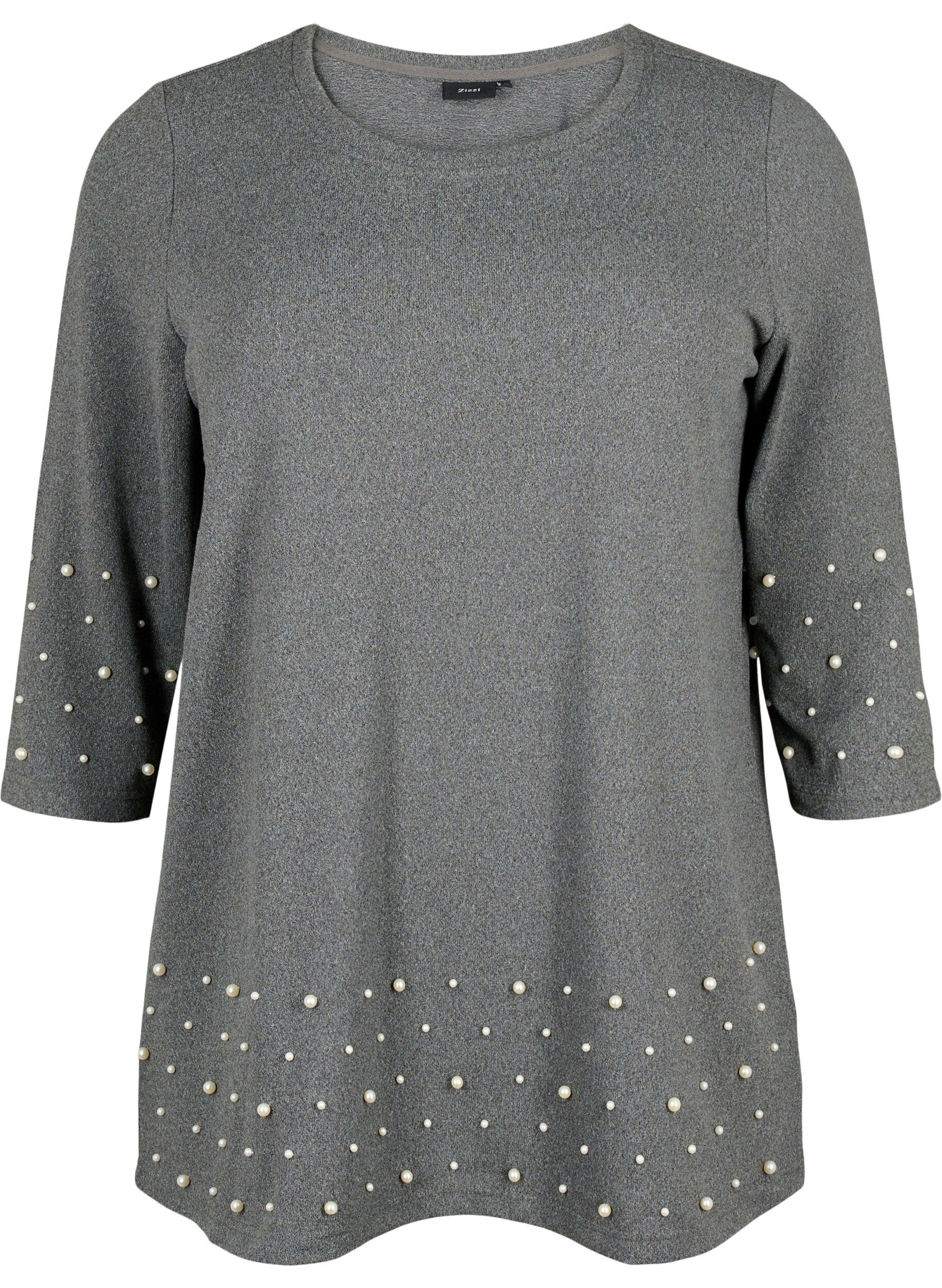 Zizzi Blouse met parels en 3/4 mouwen, Dark Grey Melange, Packshot image number 0