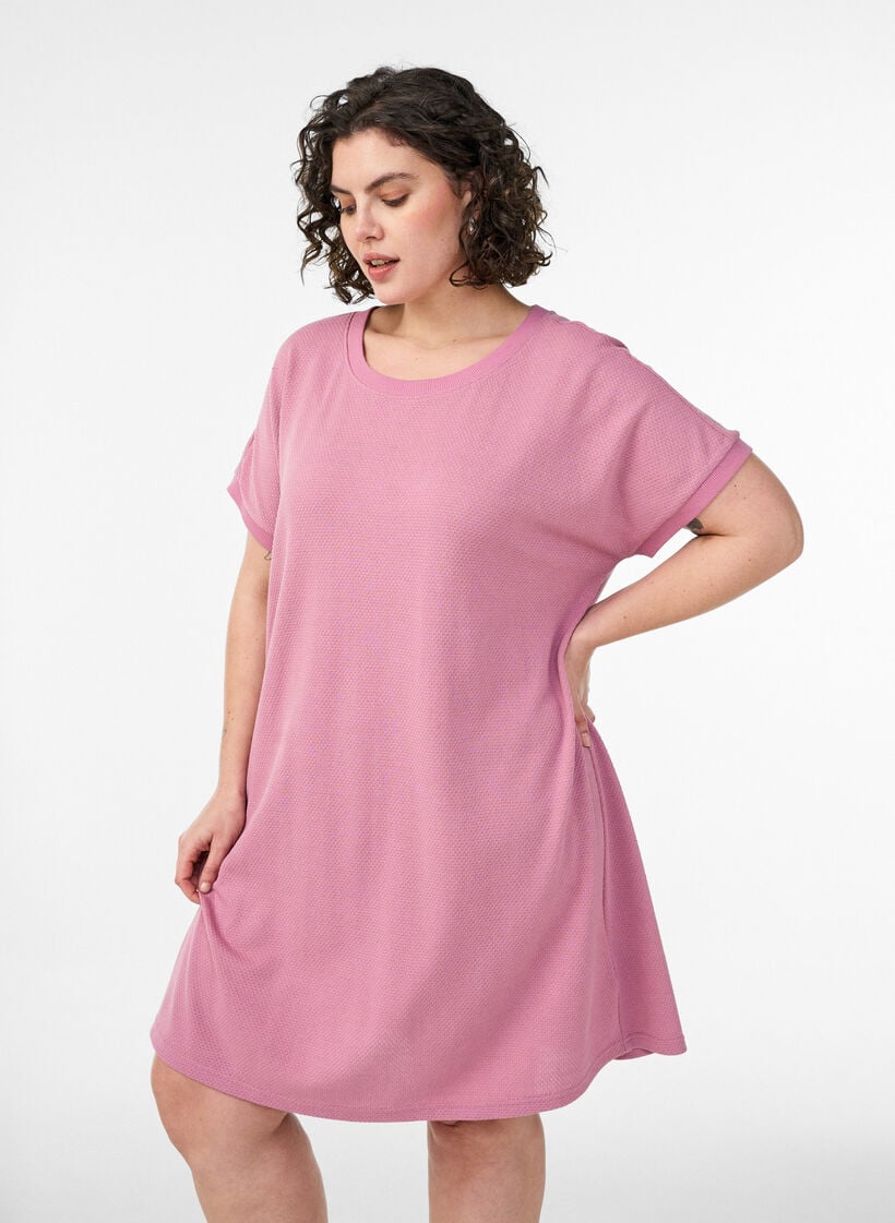 Korte jersey jurk met structuur en ronde hals, Roze, Model image number 0