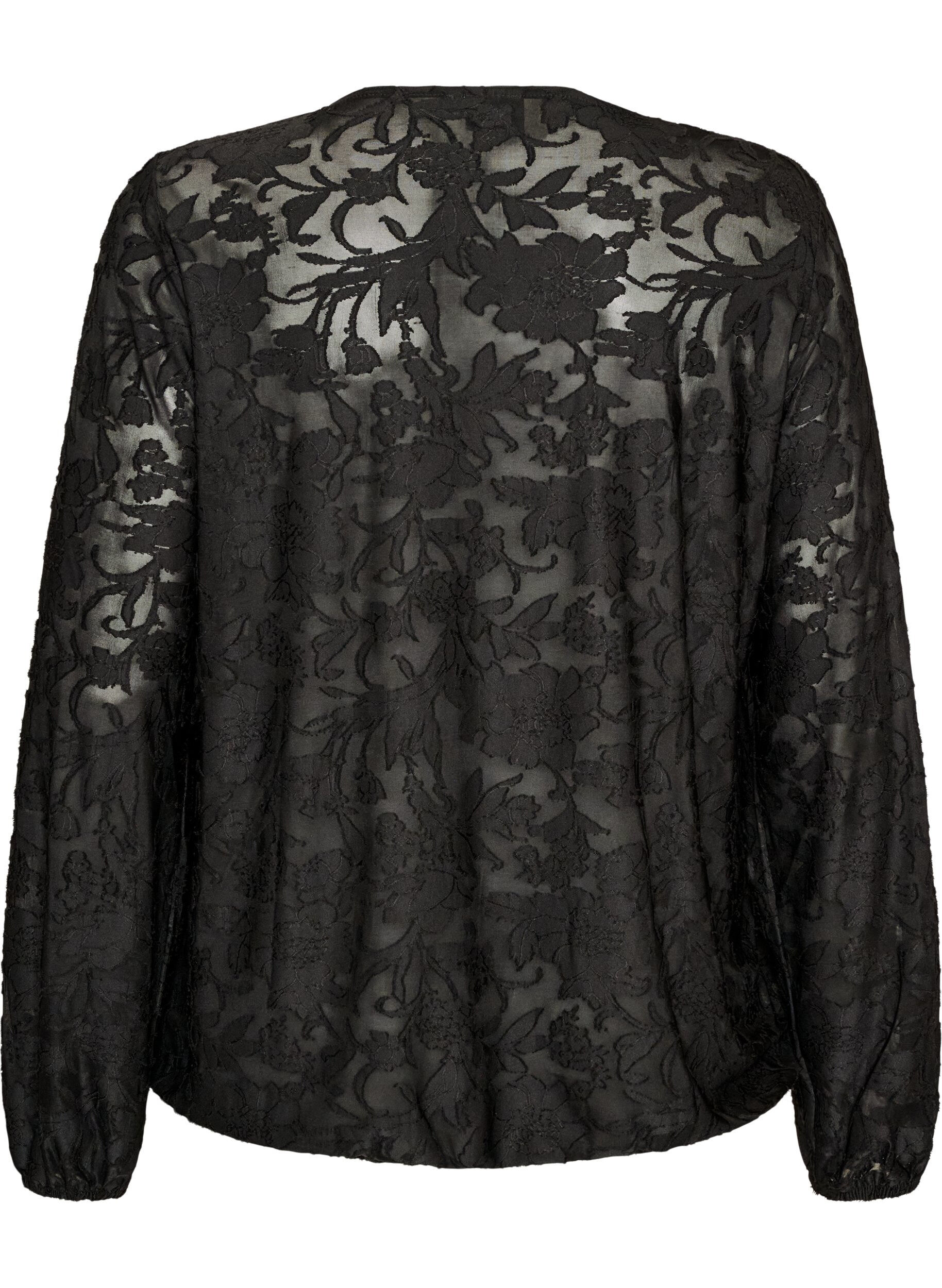 ZizziDoorschijnende blouse met bloemenstructuur en lange mouwen, Zwart, Packshot image number 1