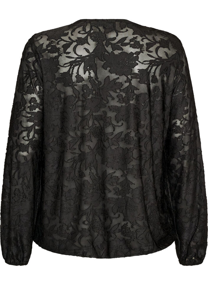 Doorschijnende blouse met bloemenstructuur en lange mouwen, Zwart, Packshot image number 1