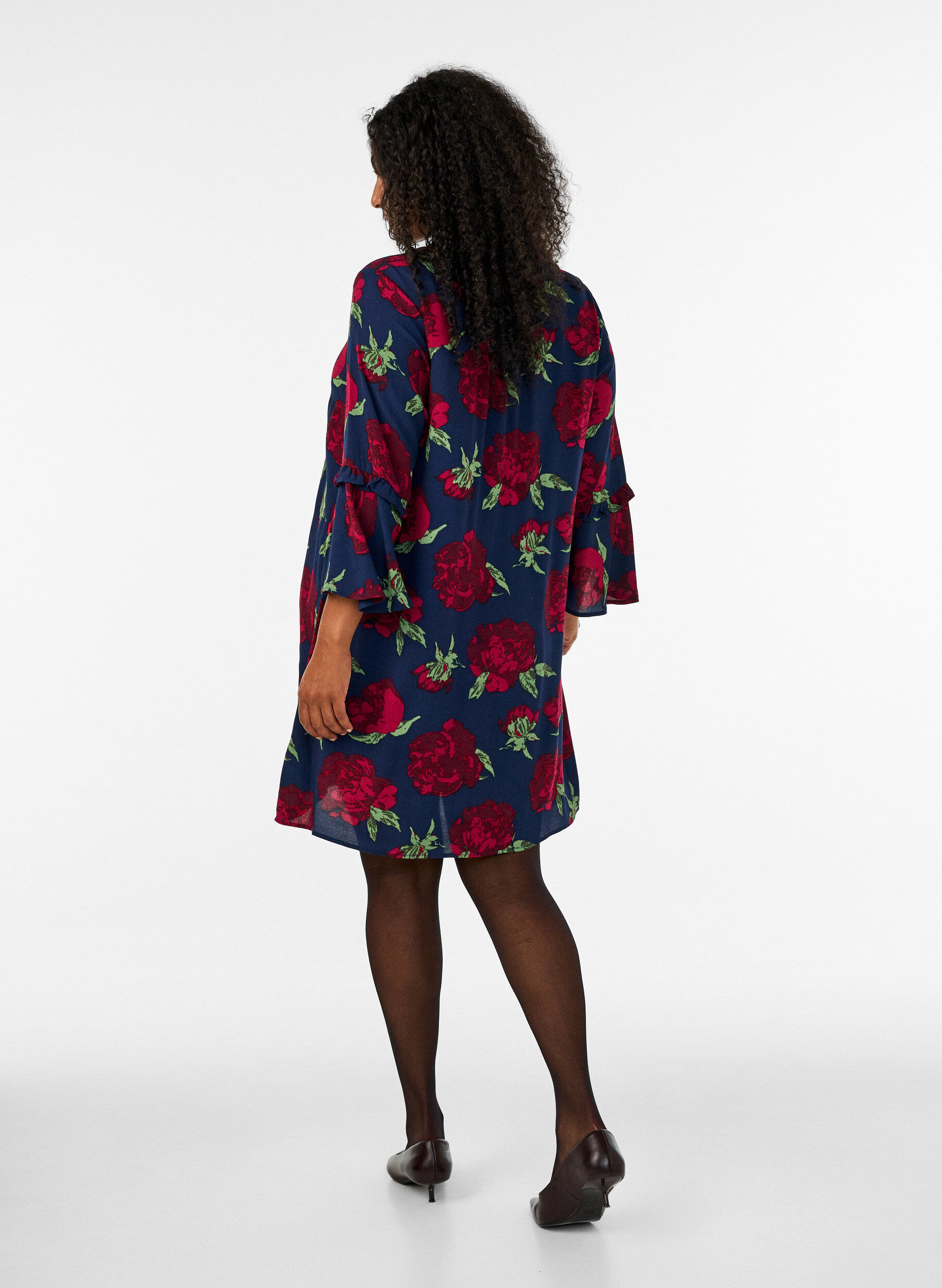 ZizziBloemenjurk in viscose met ruches, Blauw, Model image number 2