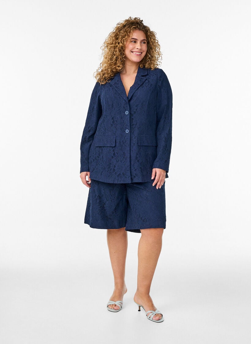 Bermuda shorts van kant met hoge taille, Blauw, Model image number 1