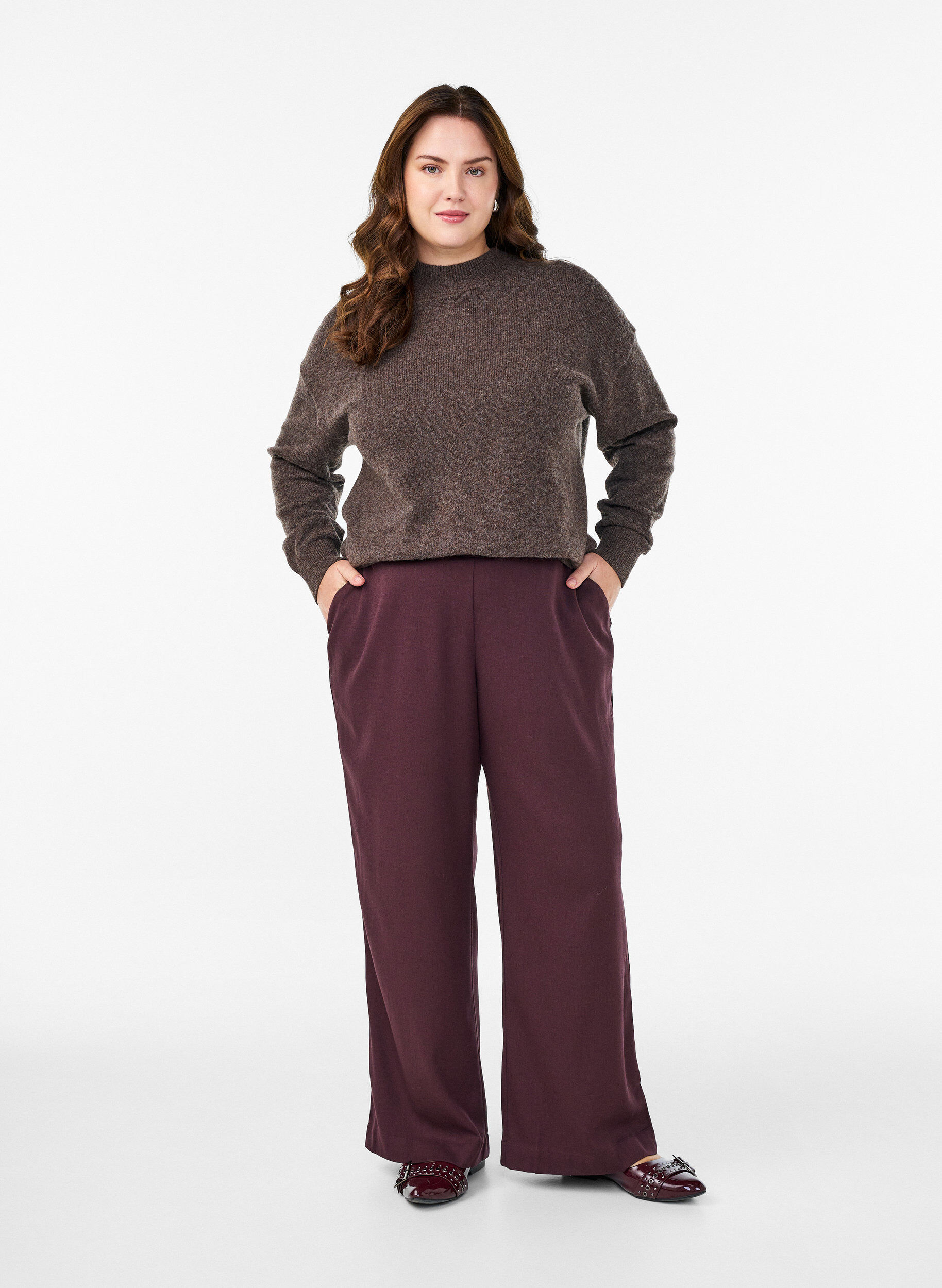 Wijde broek met een hoge taille, Donker Bordeaux, Model