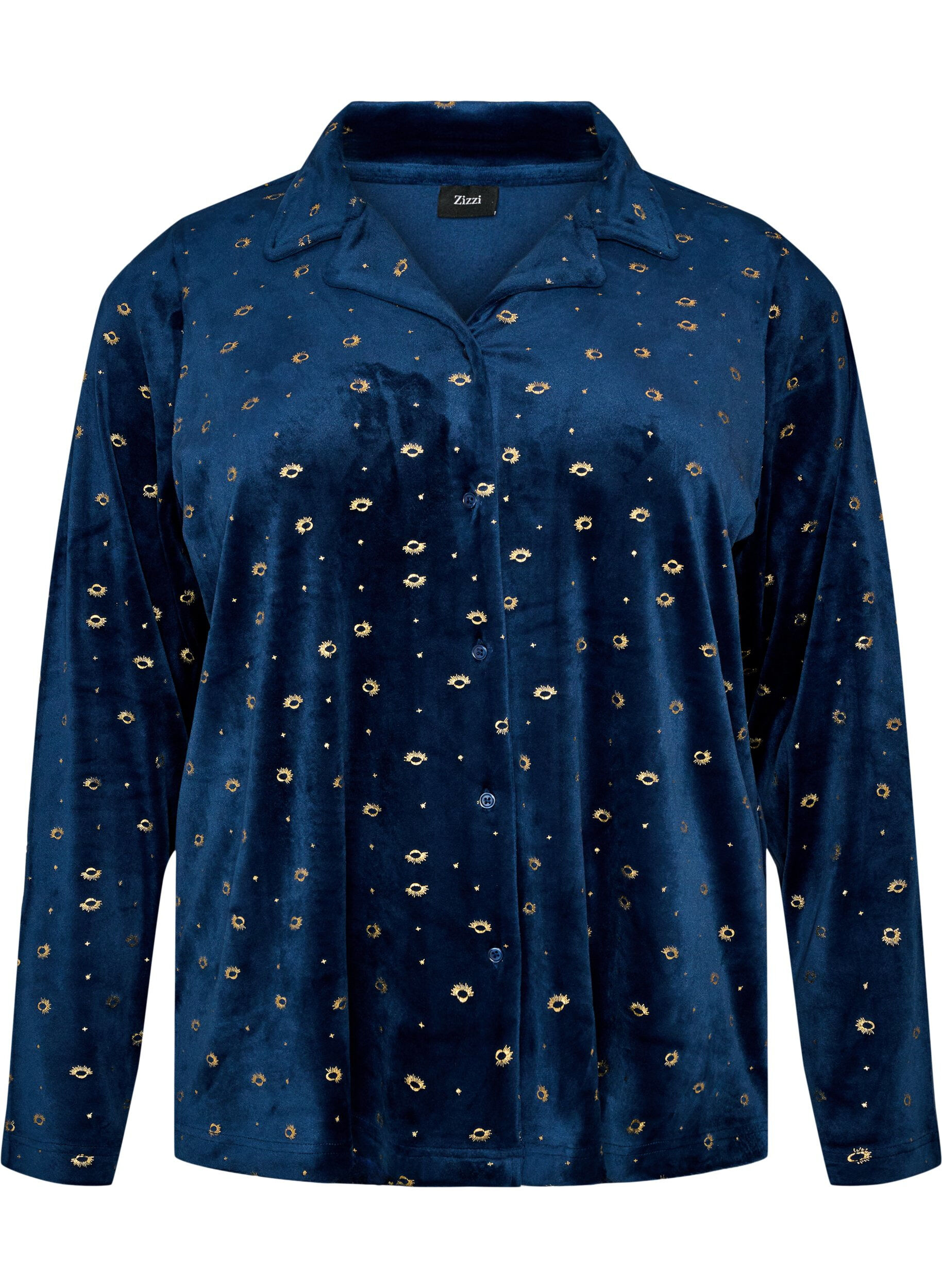 ZizziVelour pyjamashirt met een all-over print, Blauw, Packshot image number 0
