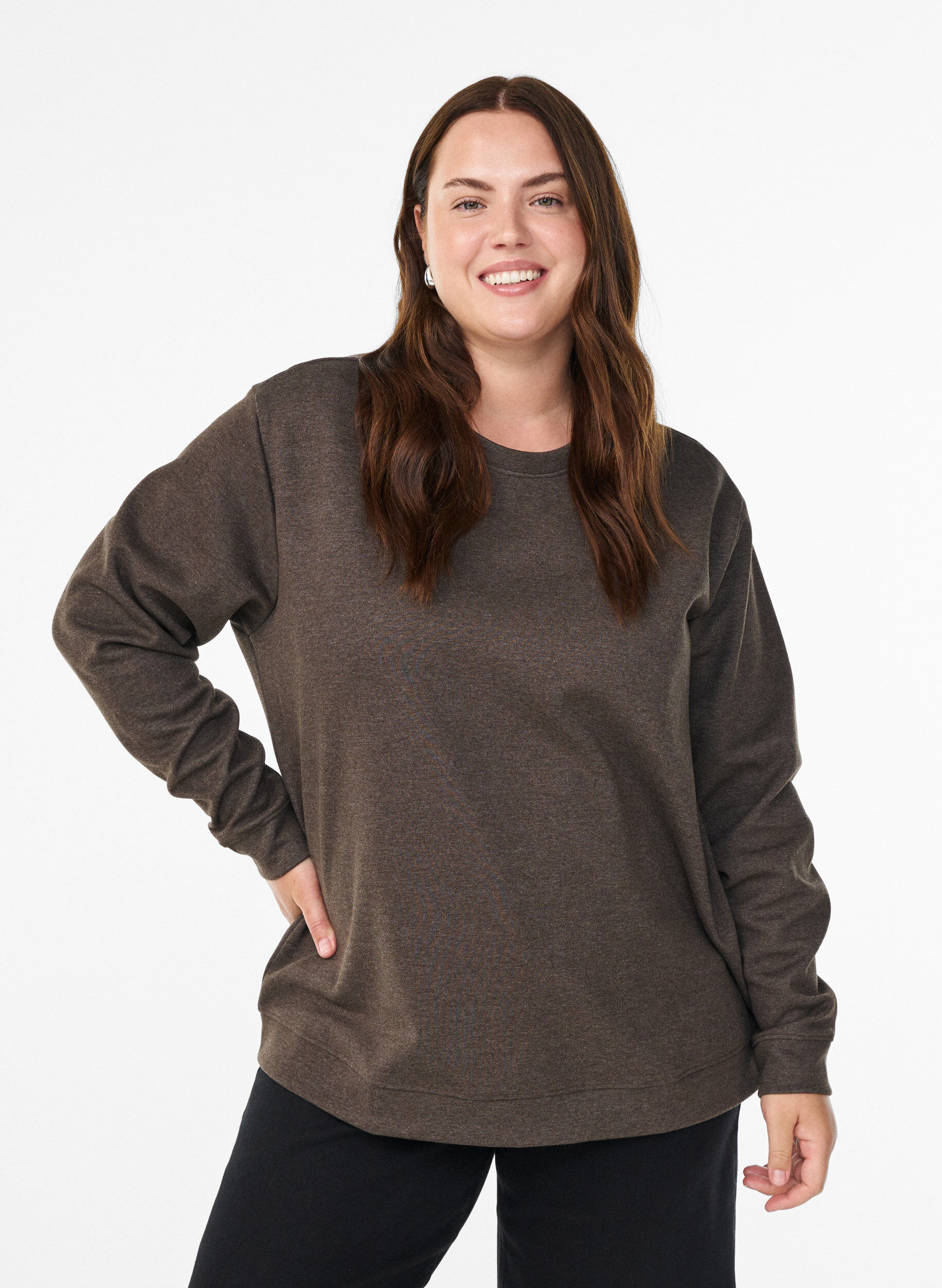 Zizzi Sweatshirt met ronde hals, Bruin, Model image number 0