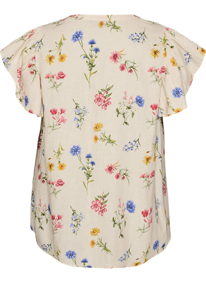 Viscose en linnen blouse met ruches aan de mouwen, Beige, Packshot image number 1