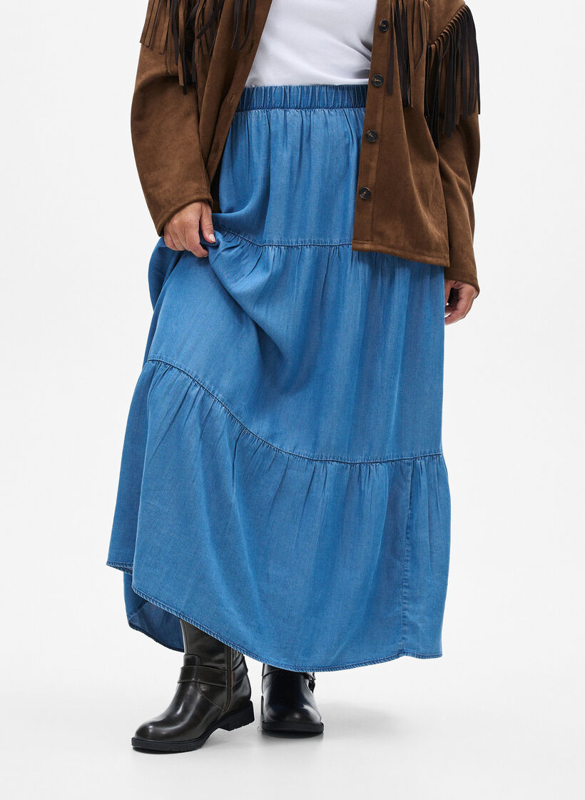 Denim maxi rok met ruches, Blauw, Model image number 2