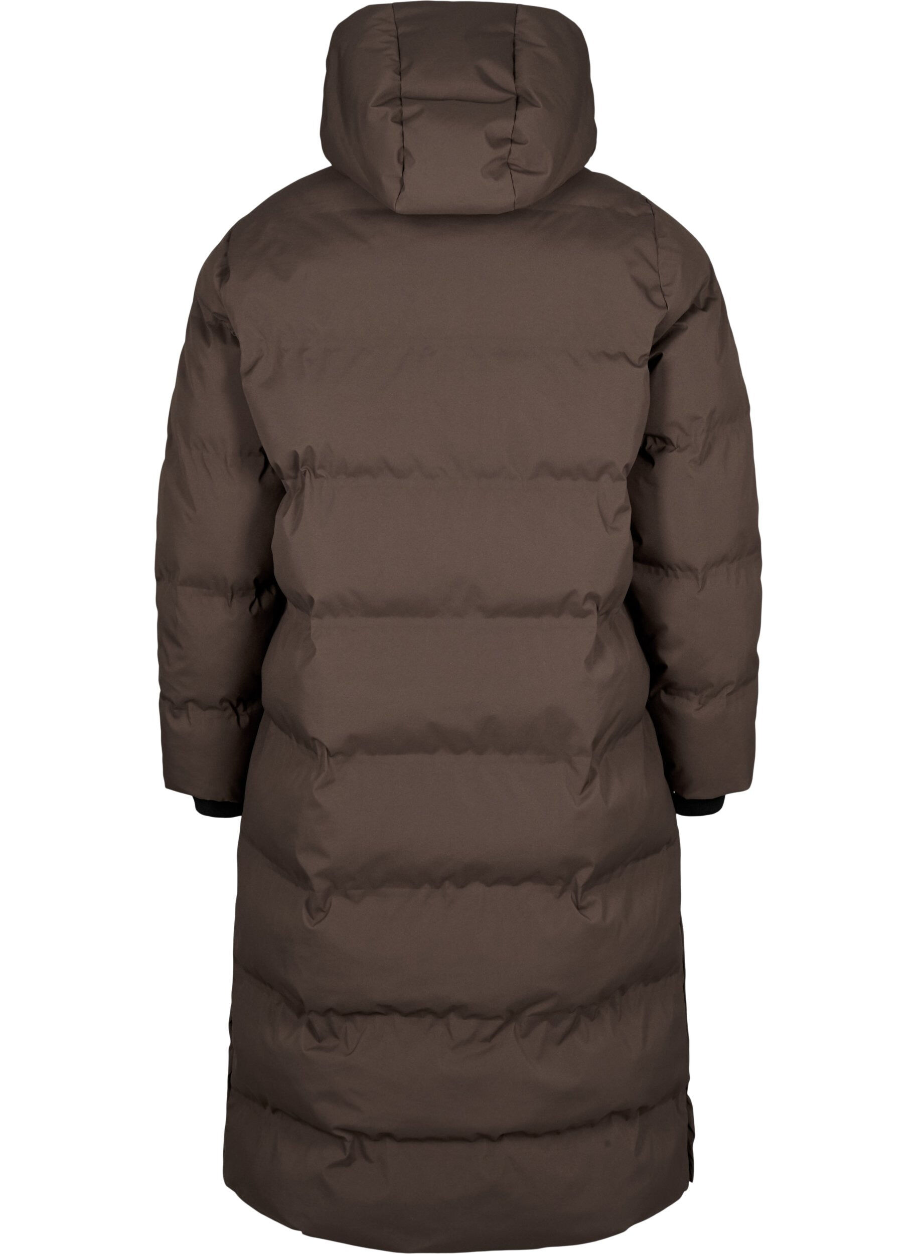 Zizzi Lange puffer winterjas met capuchon, Bruin, Packshot image number 1
