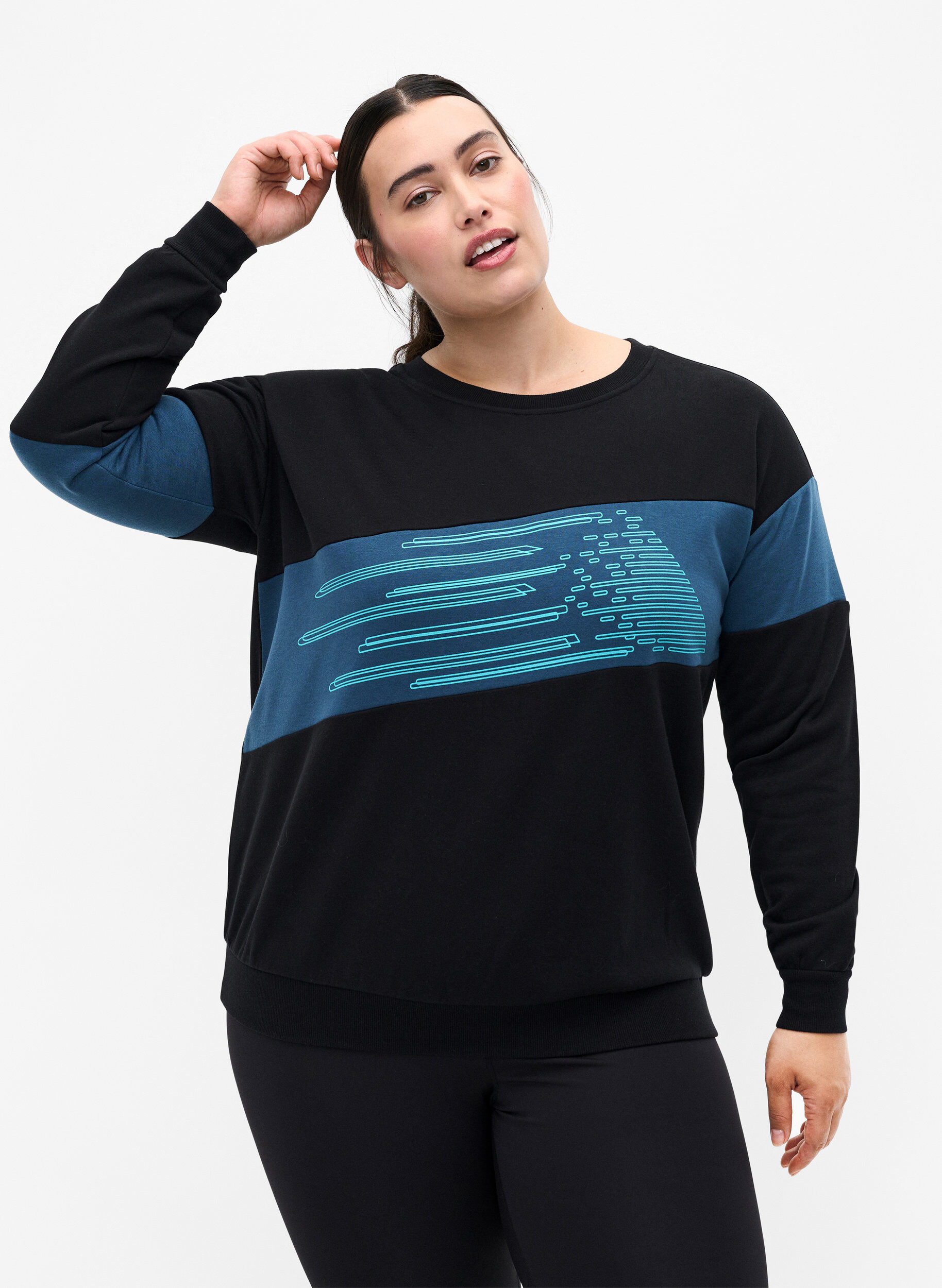 Zizzi Sweatshirt met sportieve print, Black Comb, Model image number 0