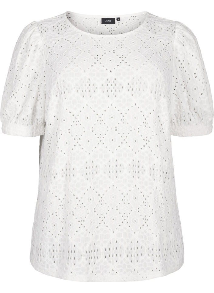 Blouse met korte mouwen en patroon met kant, Bright White, Packshot image number 0