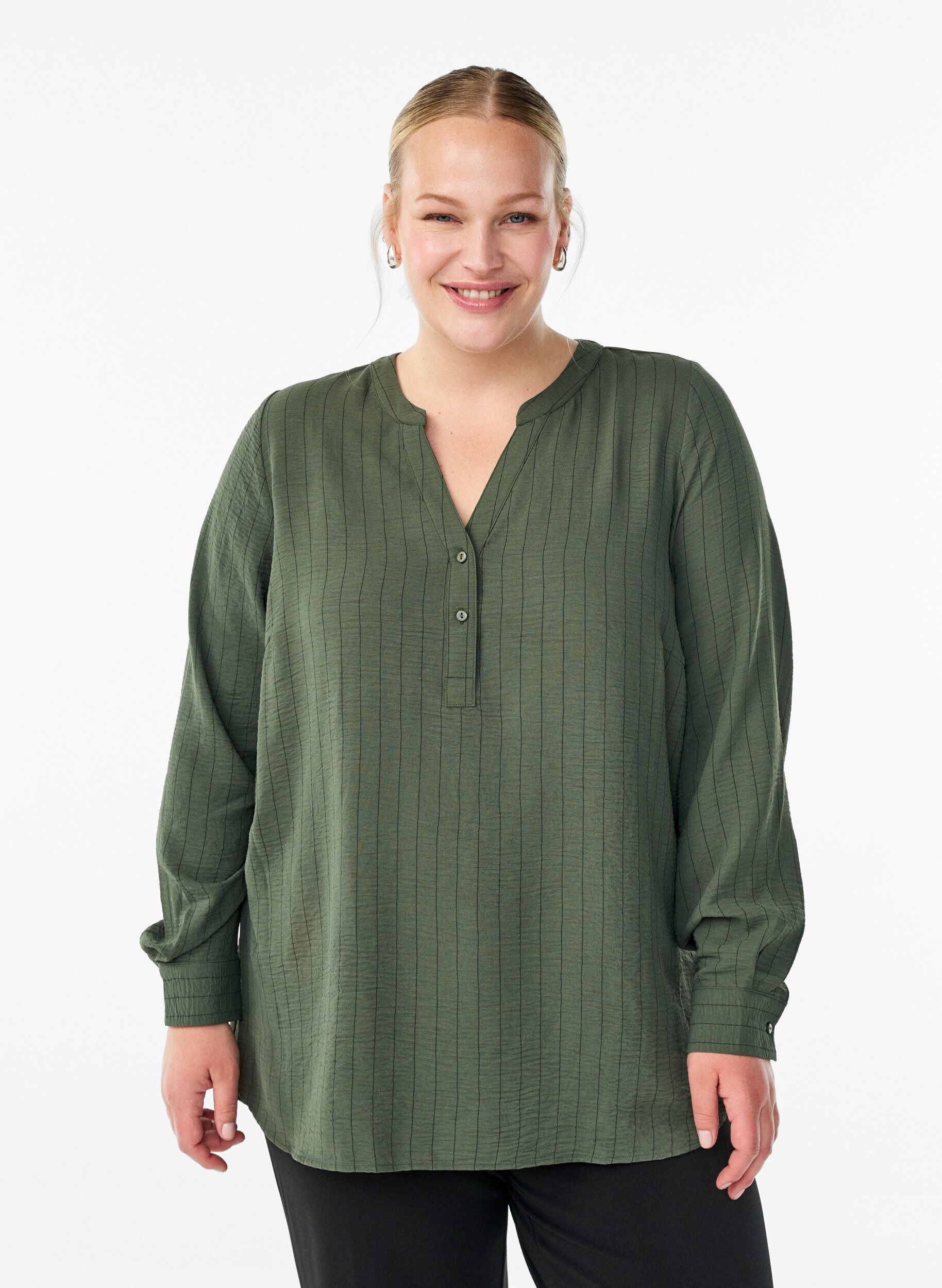 Streepjes overhemdblouse, Groen, Model