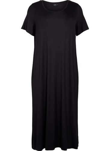 Midi-jurk van viscose met korte mouwen, Black, Packshot image number 0