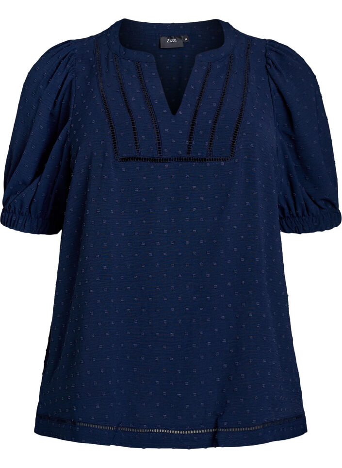 Blouse met korte pofmouwen en gestippelde textuur, Navy Blazer, Packshot image number 0