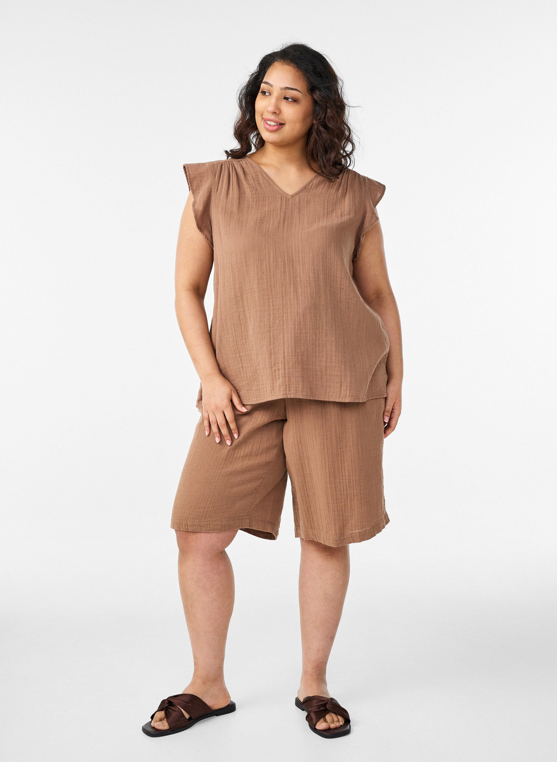 ZizziLos katoenen mousseline shorts met een hoge taille, Bruin, Model image number 1