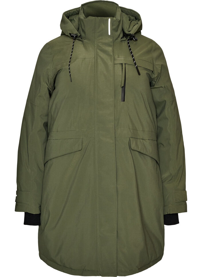 Waterafstotende parka met capuchon en functionele details, Groen, Packshot image number 0
