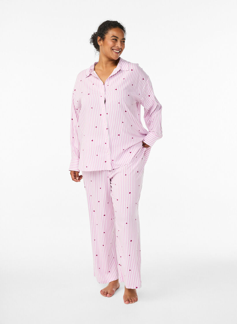 Nachtshirt met strepen en hartjes, Roze, Model image number 1