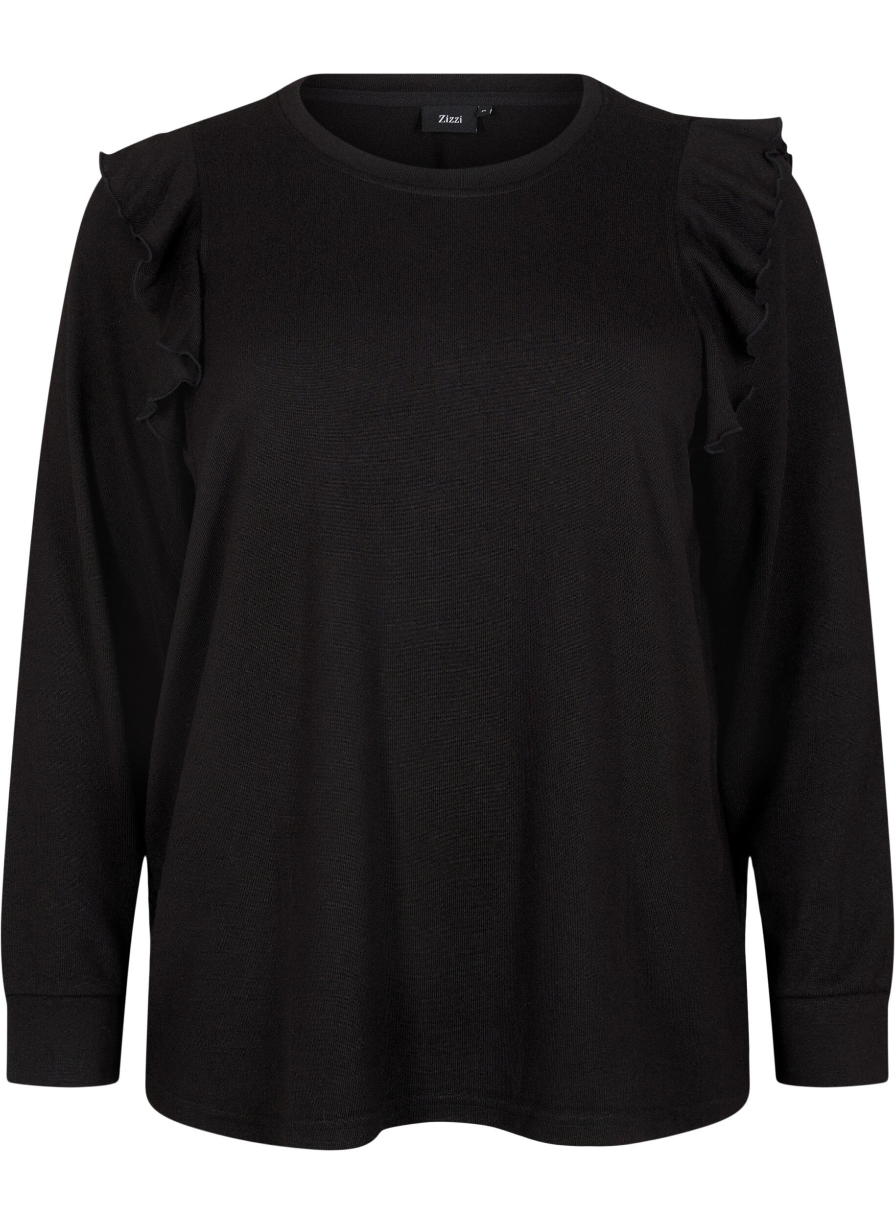 Zizzi  Blouse met lange mouwen en ruches, Black, Packshot image number 0