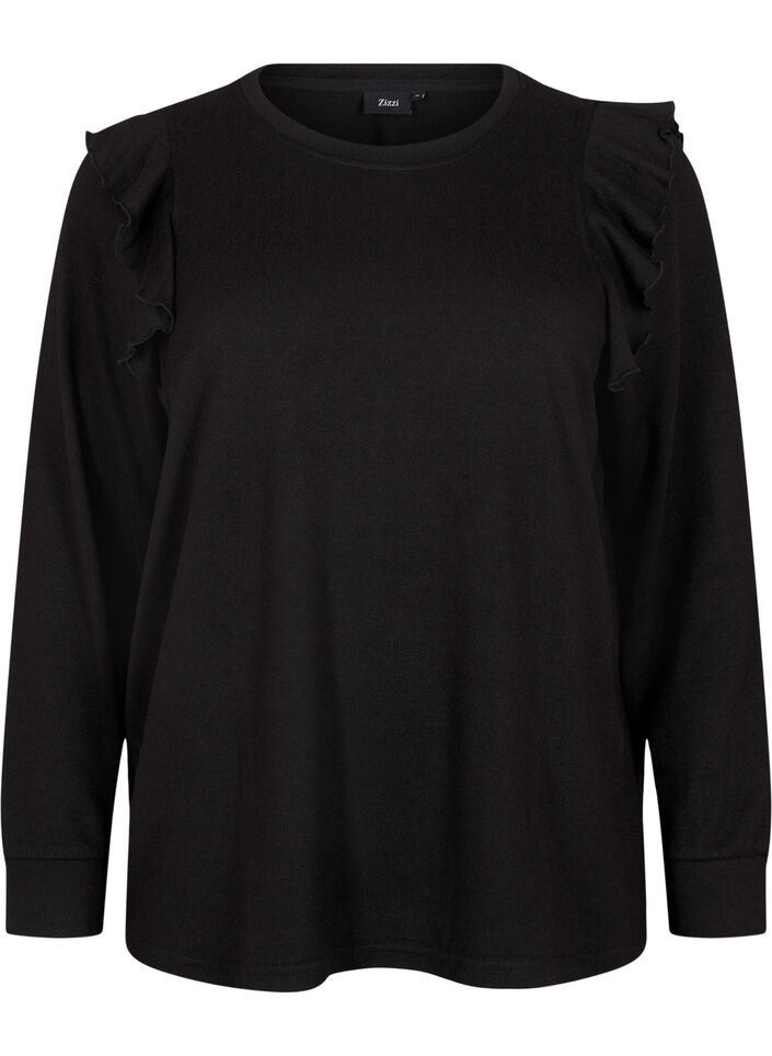  Blouse met lange mouwen en ruches, Black, Packshot image number 0