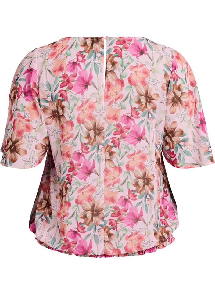 Bloemenblouse met korte mouwen en smokwerk, Roze, Packshot image number 1