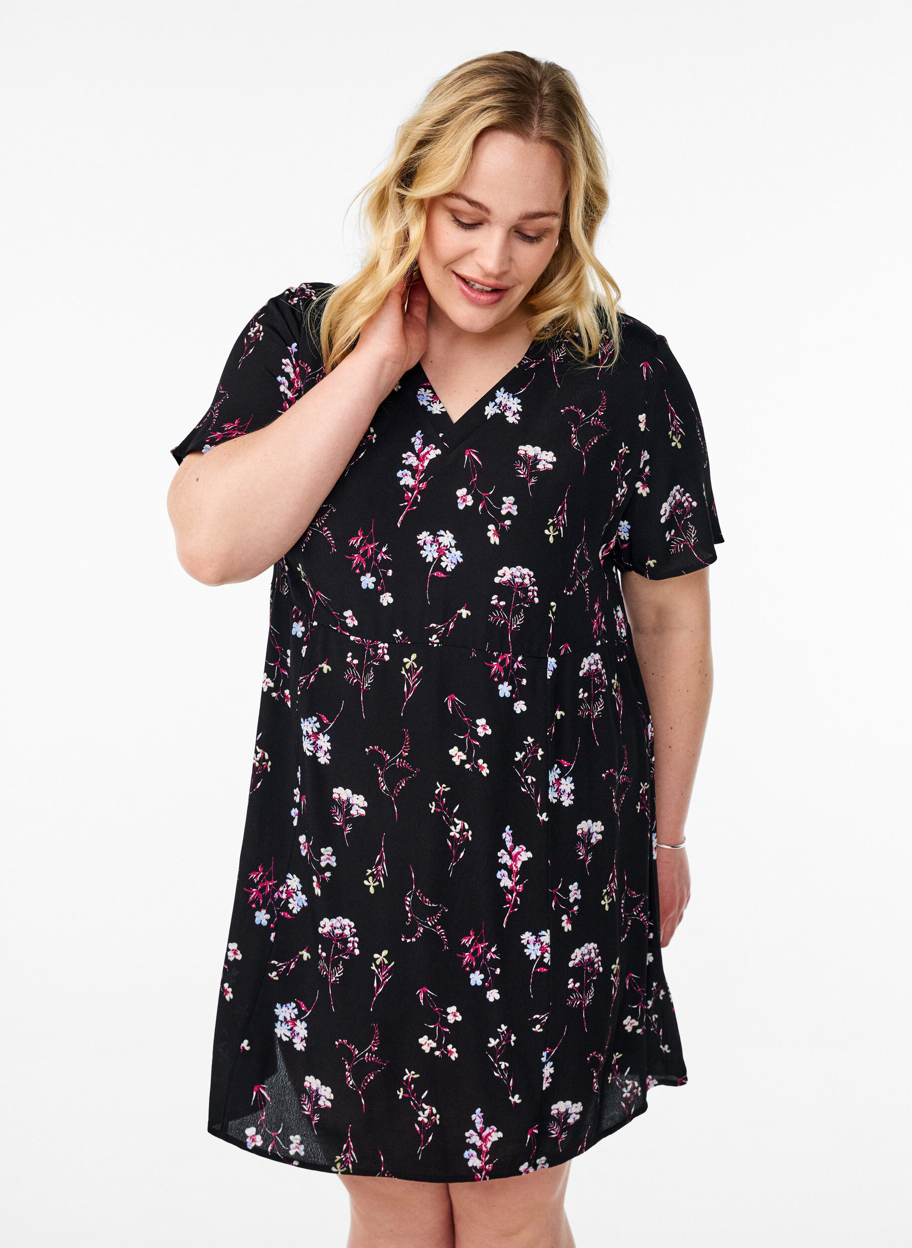 ZizziKorte jurk met bloemenprint, Zwart, Model image number 0