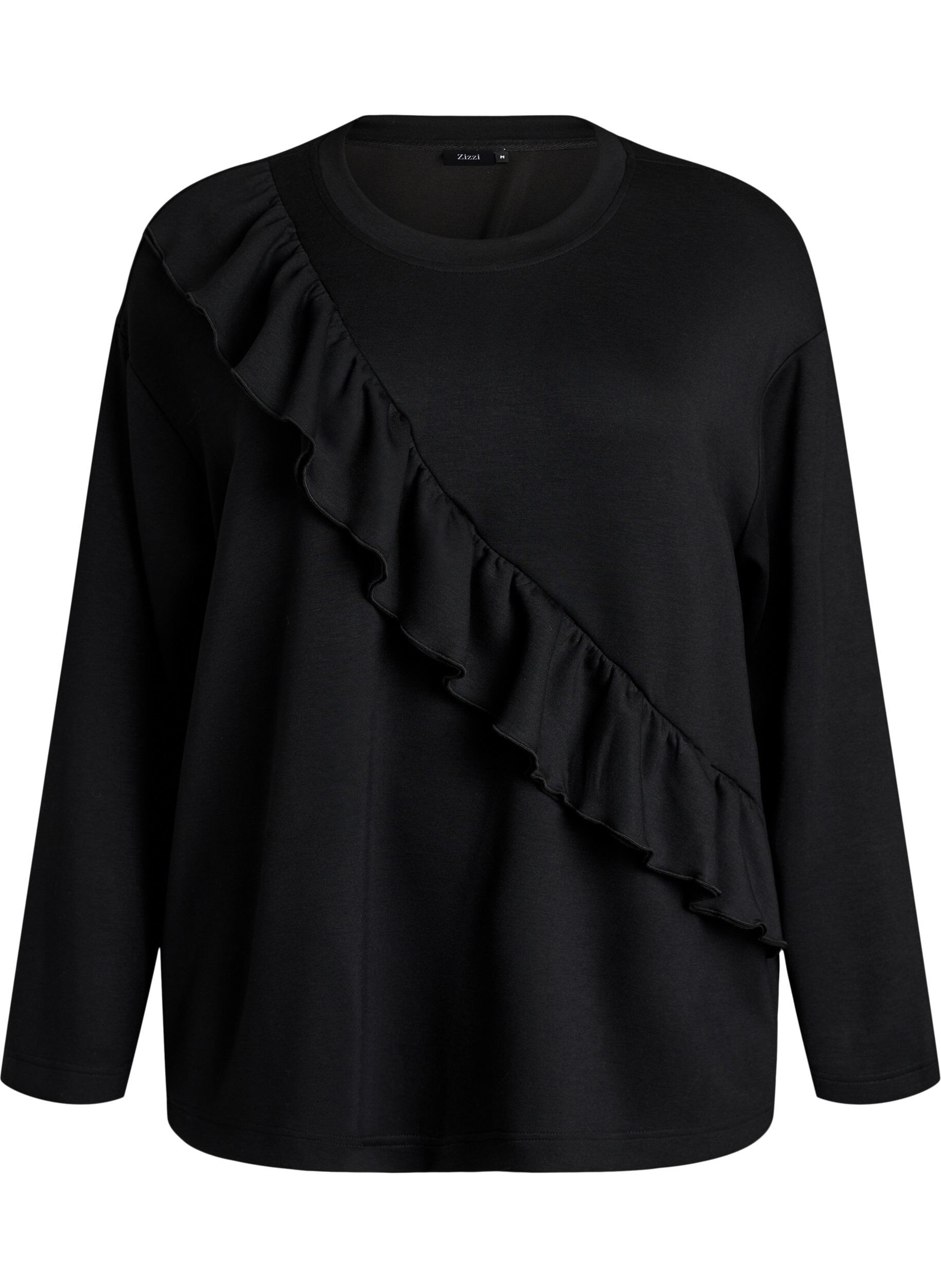 ZizziJersey blouse met een diagonale ruchesdetail, Zwart, Packshot image number 0