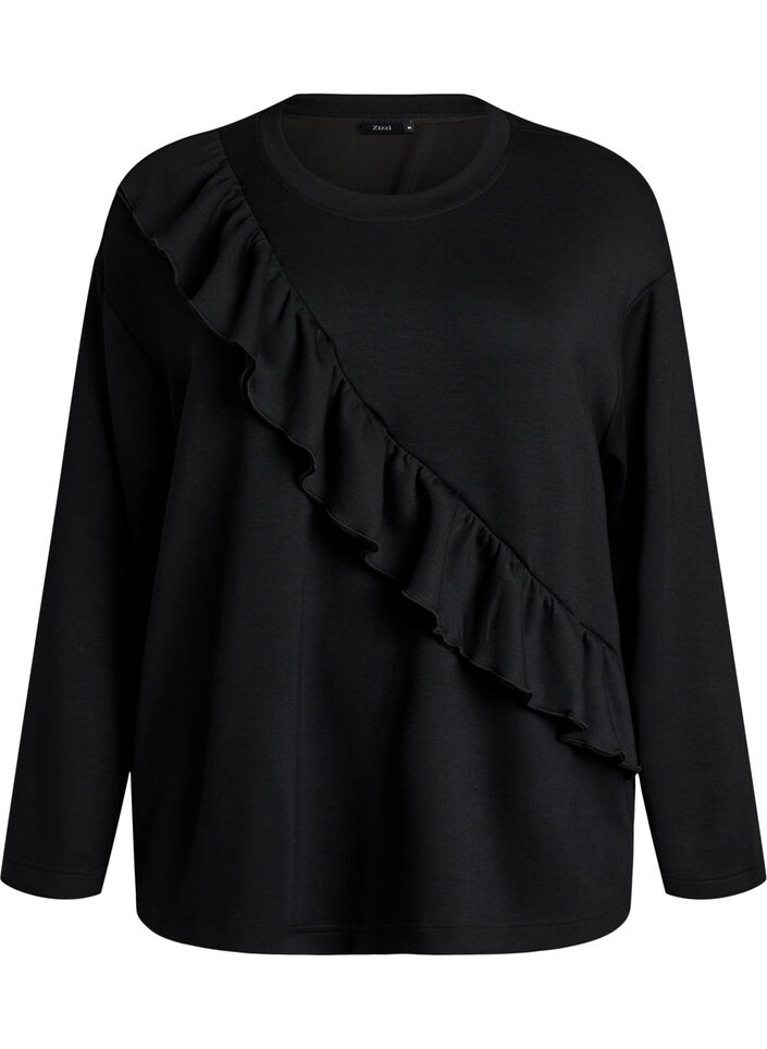 Jersey blouse met een diagonale ruchesdetail, Zwart, Packshot image number 0