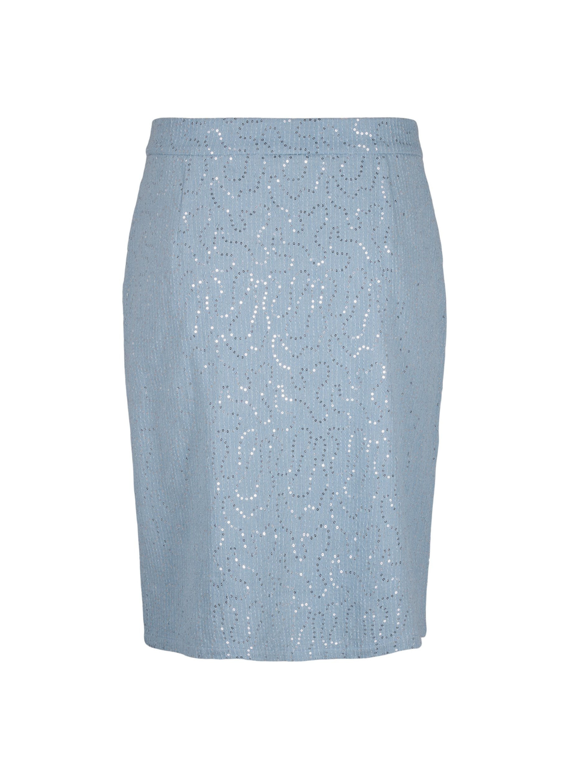 Zizzi Denim rok met split en pailletten, Light Blue Denim, Packshot image number 1