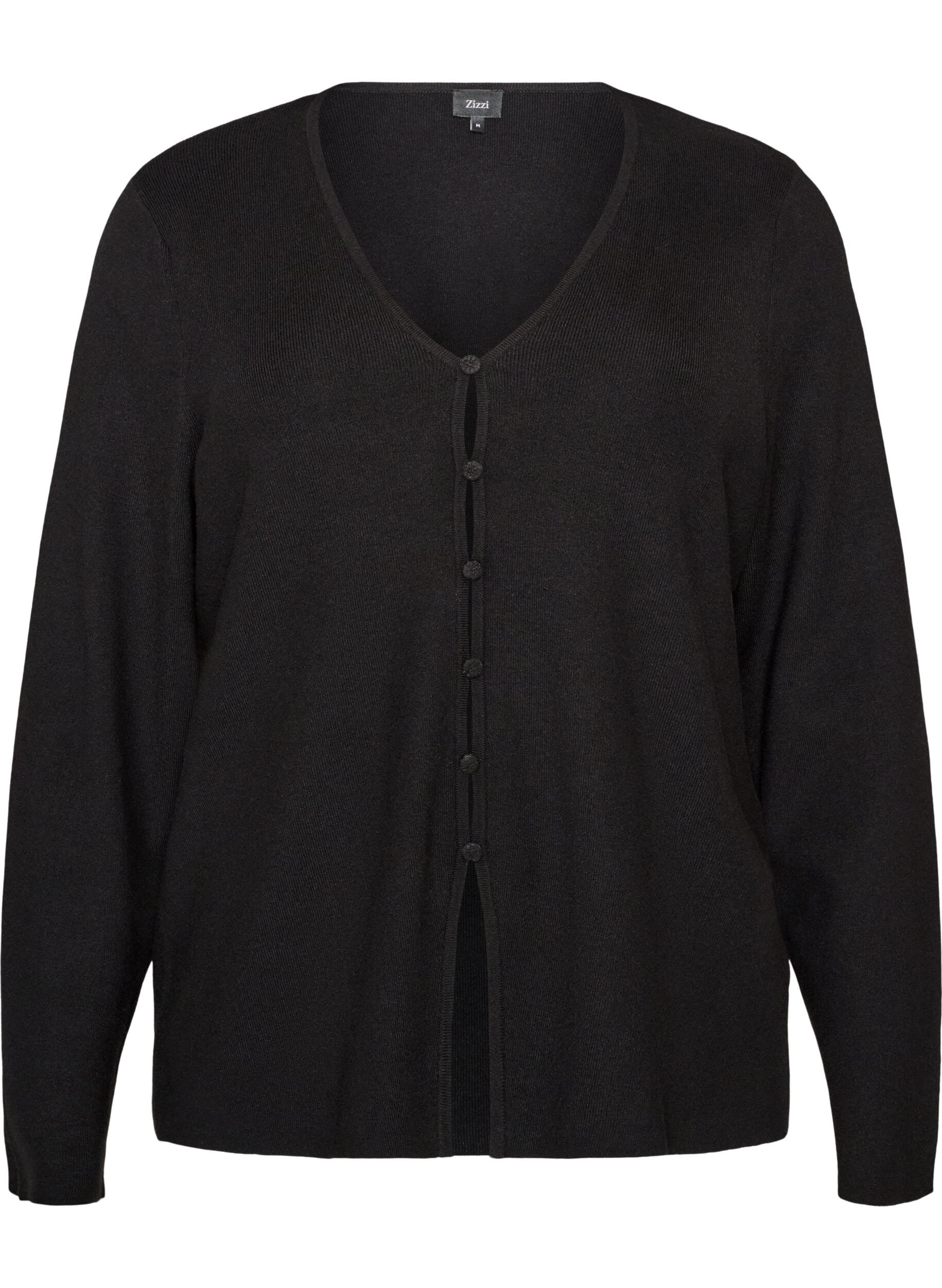ZizziFijngebreid vest met stofbeklede knopen, Zwart, Packshot image number 0