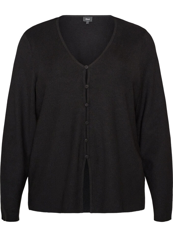 Fijngebreid vest met stofbeklede knopen, Zwart, Packshot image number 0