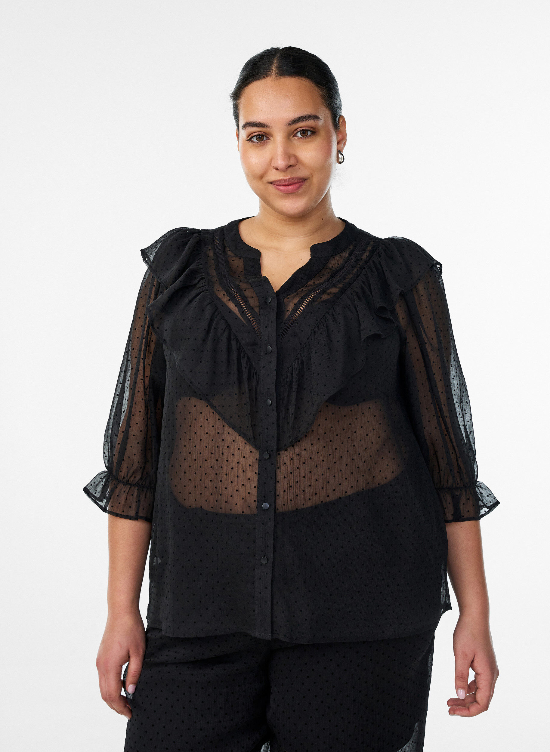ZizziTransparante blouse met stippen en ruchesdetails, Zwart, Model image number 0