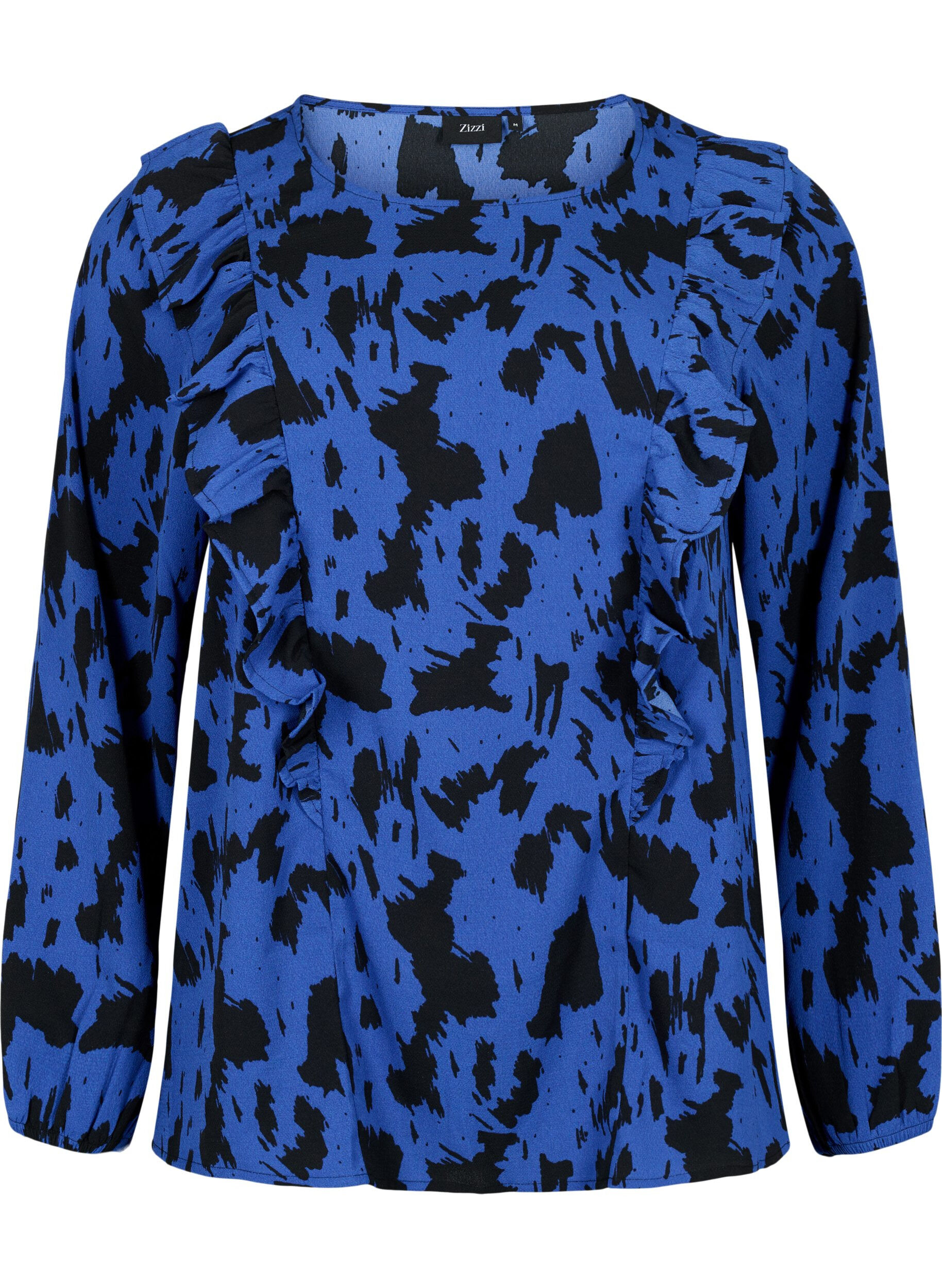 Zizzi Blouse met lange mouwen en ruches, Black Blue AOP, Packshot image number 0