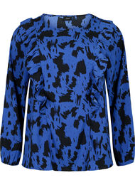 Blouse met lange mouwen en ruches, Black Blue AOP