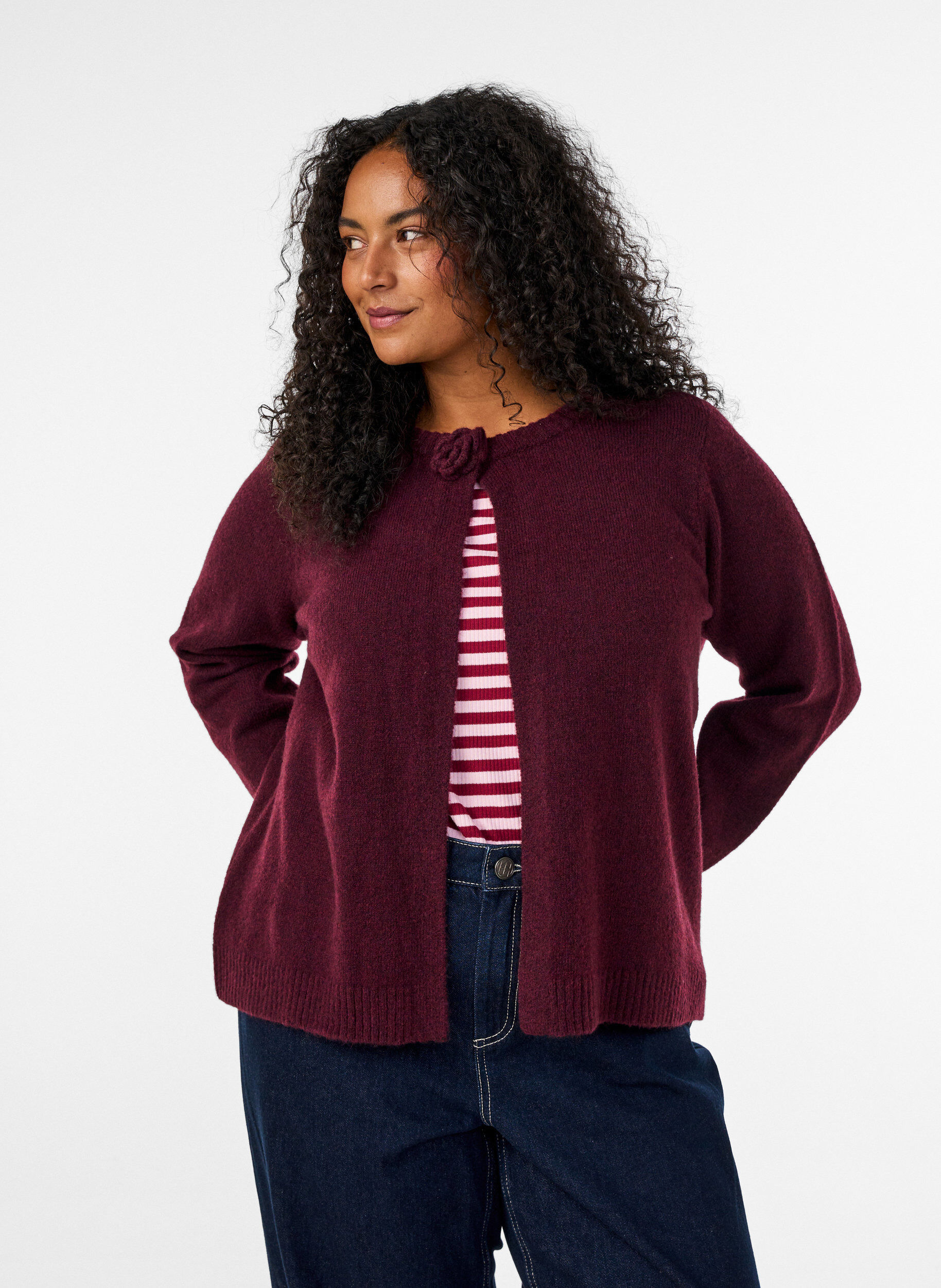 ZizziGebreid vest met bloemdetail, Donker Bordeaux, Model image number 0